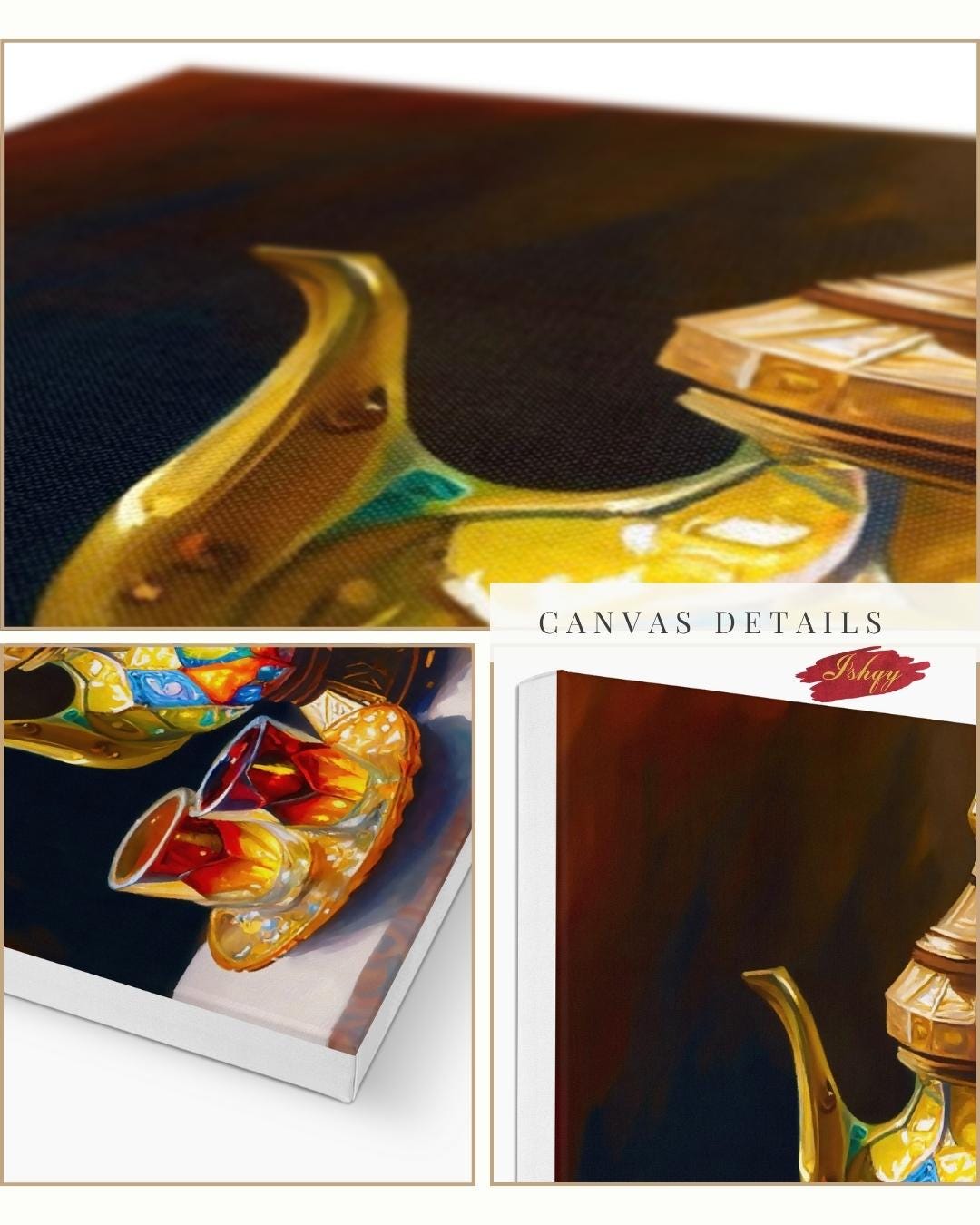 Şafak | Turkish Tea Set Wall Art Canvas Print | IshqyBusiness. Şafak Turkish tea set art print with glowing hues & ornate details. Canvas & framed canvas painting print for kitchen or dining room decor.