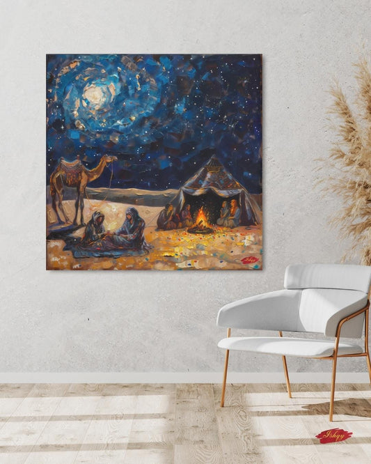 Layl | Bedouin Desert Night Wall Art Canvas Print | IshqyBusiness. Layl Bedouin desert night art print with starry sky & campfire glow. Canvas & framed canvas painting print for living room or hallway decor.