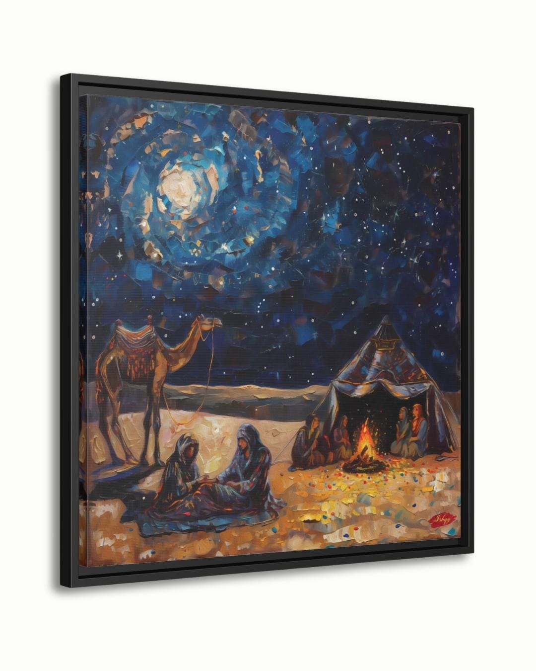 Layl | Bedouin Desert Night Wall Art Canvas Print | IshqyBusiness. Layl Bedouin desert night art print with starry sky & campfire glow. Canvas & framed canvas painting print for living room or hallway decor.