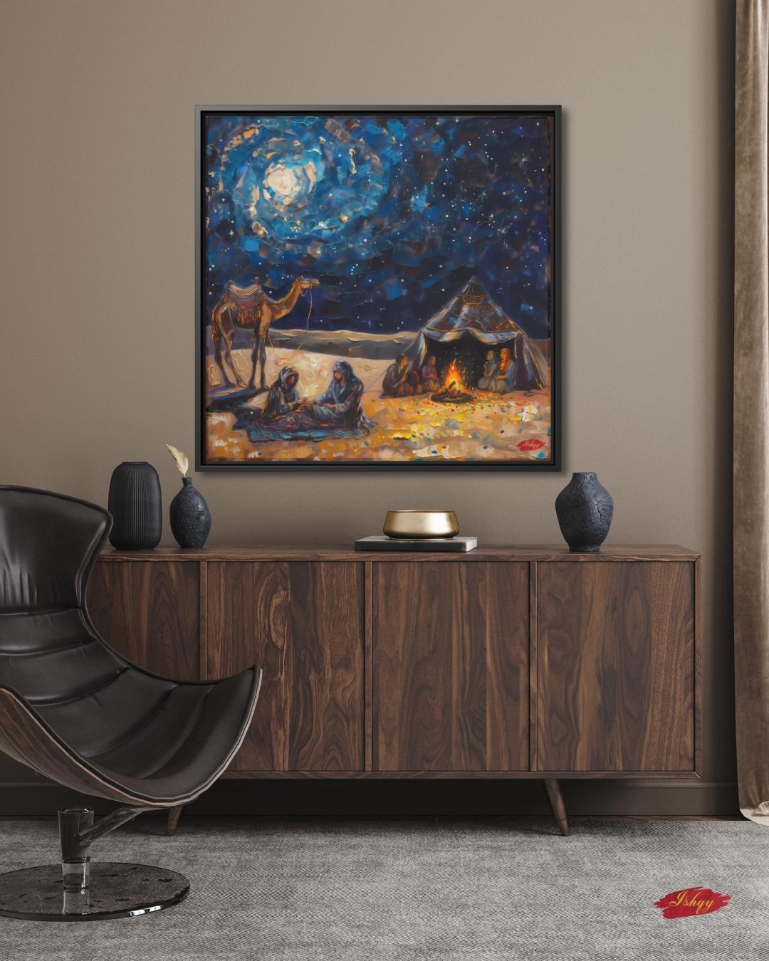 Layl | Bedouin Desert Night Wall Art Canvas Print | IshqyBusiness. Layl Bedouin desert night art print with starry sky & campfire glow. Canvas & framed canvas painting print for living room or hallway decor.