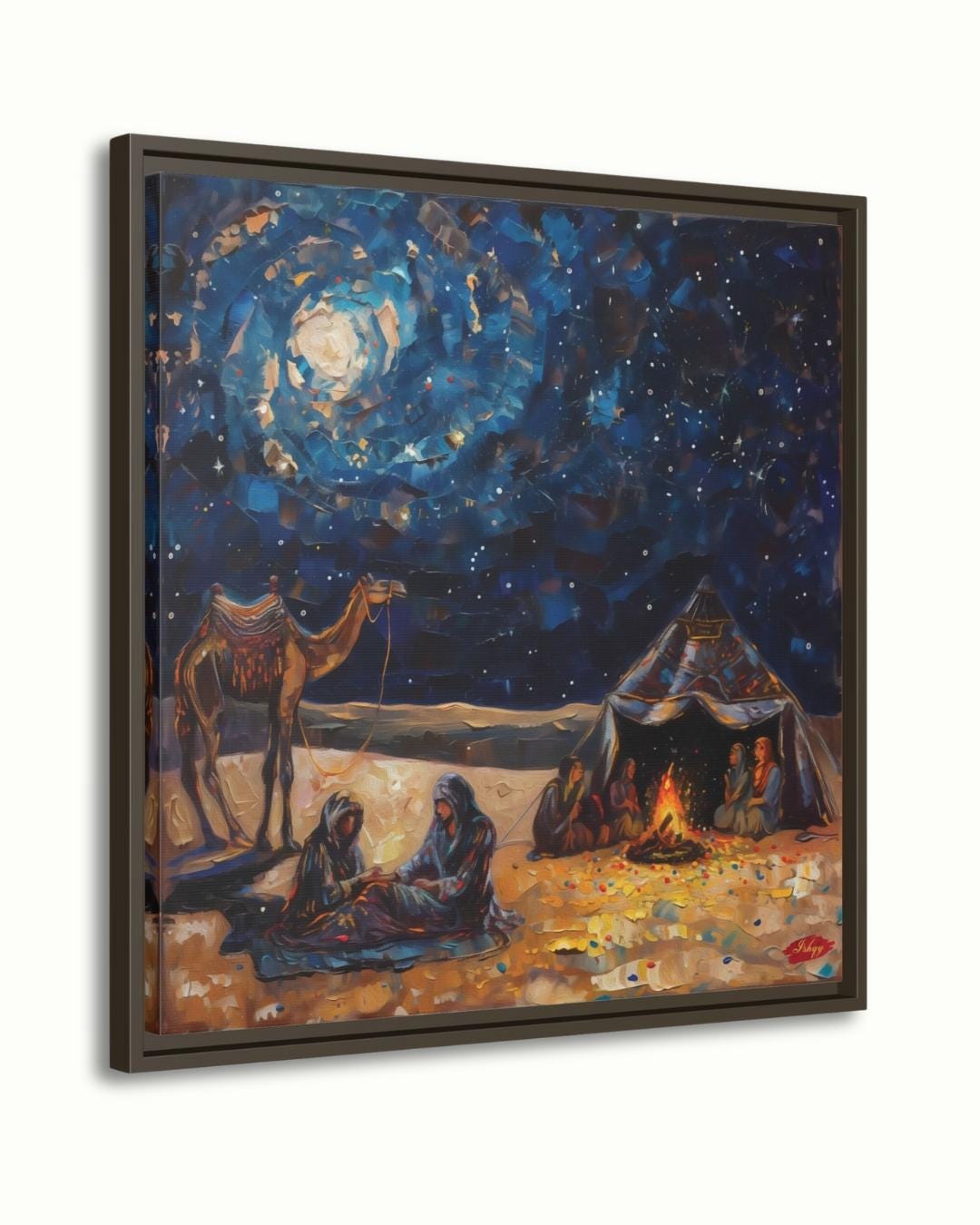 Layl | Bedouin Desert Night Wall Art Canvas Print | IshqyBusiness. Layl Bedouin desert night art print with starry sky & campfire glow. Canvas & framed canvas painting print for living room or hallway decor.
