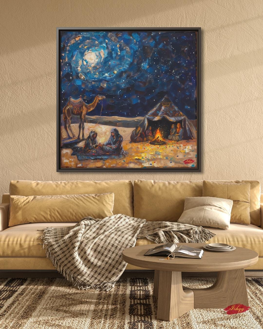 Layl | Bedouin Desert Night Wall Art Canvas Print | IshqyBusiness. Layl Bedouin desert night art print with starry sky & campfire glow. Canvas & framed canvas painting print for living room or hallway decor.