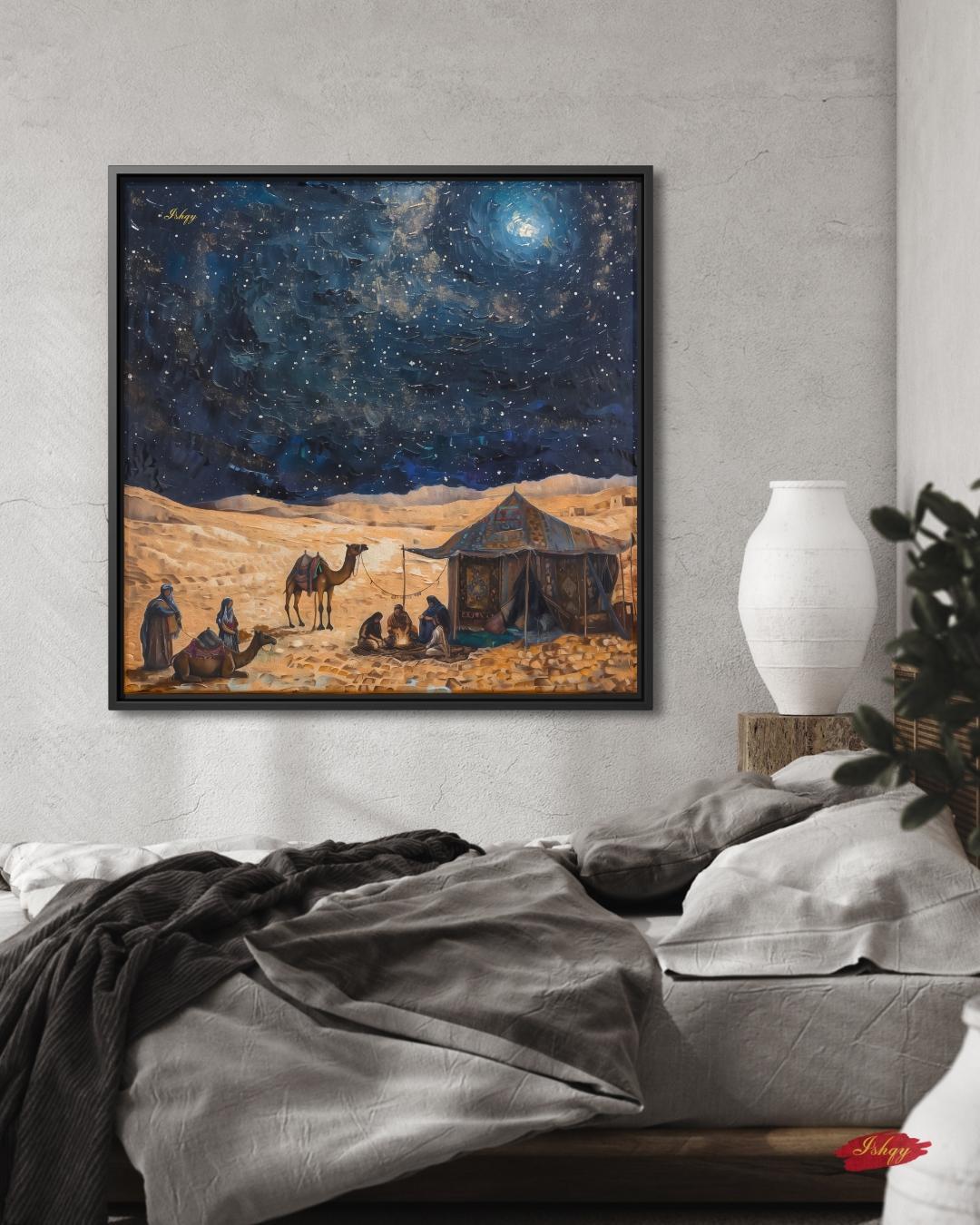 Majlis | Bedouin Desert Gathering Wall Art Canvas Print | IshqyBusiness. Majlis Bedouin desert gathering art print with starry sky & campfire glow. Canvas & framed canvas painting print for living room or hallway decor.