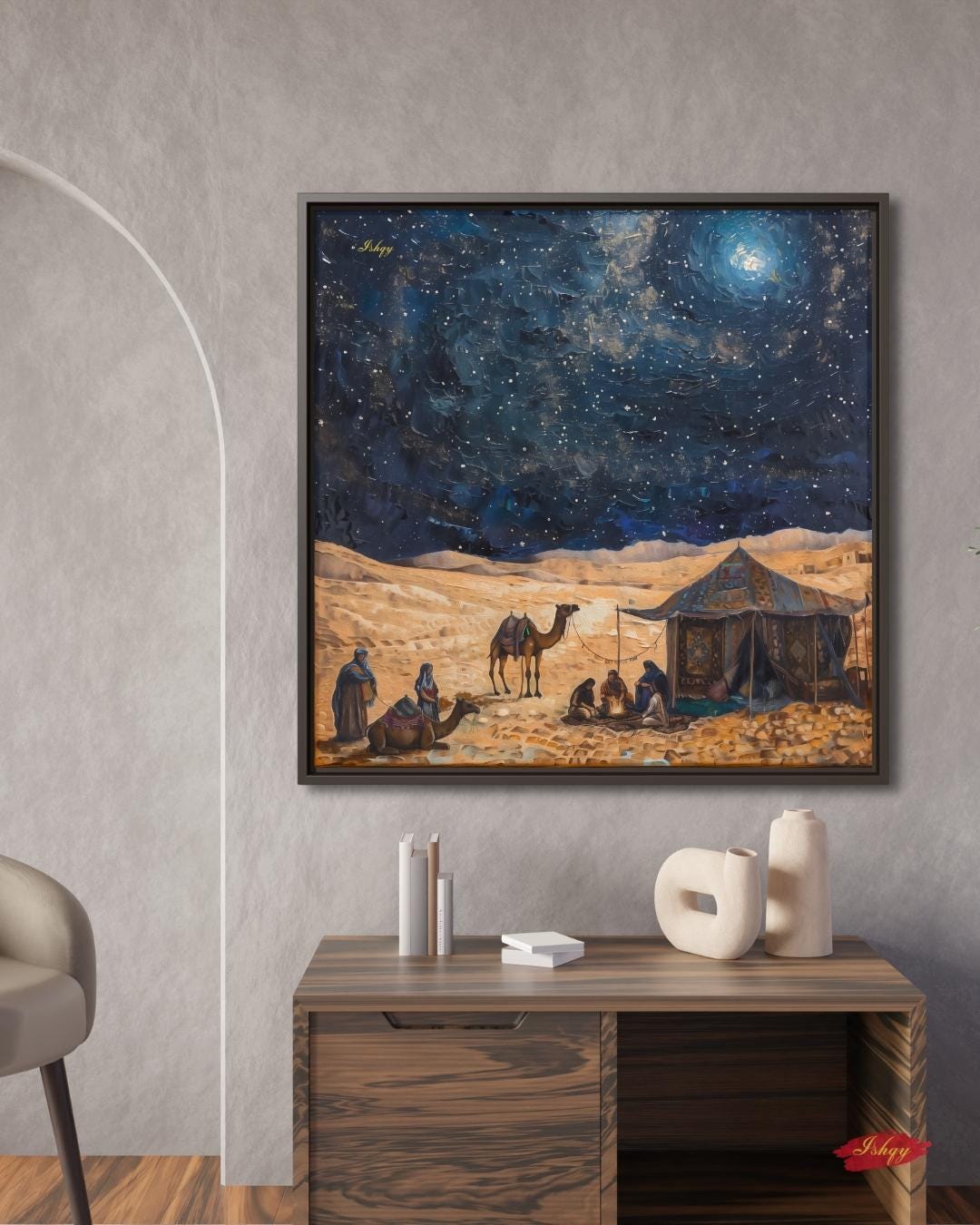 Majlis | Bedouin Desert Gathering Wall Art Canvas Print | IshqyBusiness. Majlis Bedouin desert gathering art print with starry sky & campfire glow. Canvas & framed canvas painting print for living room or hallway decor.