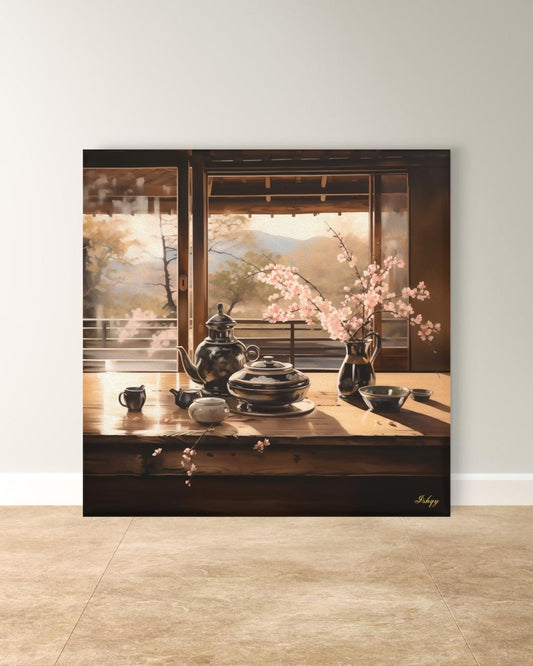 Haru Japanese tea set & cherry blossom art print with tranquil tones. Canvas & framed canvas painting print for kitchen, dining room, or reading nook decor. Japanese Tea Wall Art Print, Cherry Blossom Canvas Painting, Zen Kitchen Wall Decor, Framed T