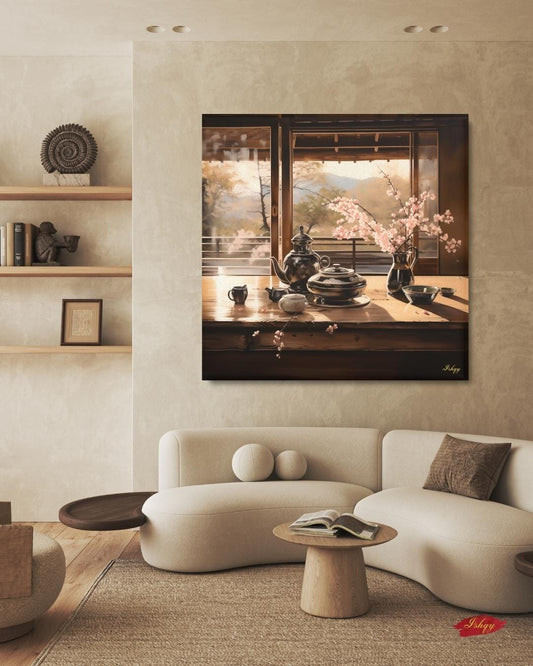 Haru Japanese tea set & cherry blossom art print with tranquil tones. Canvas & framed canvas painting print for kitchen, dining room, or reading nook decor. Japanese Tea Wall Art Print, Cherry Blossom Canvas Painting, Zen Kitchen Wall Decor, Framed T