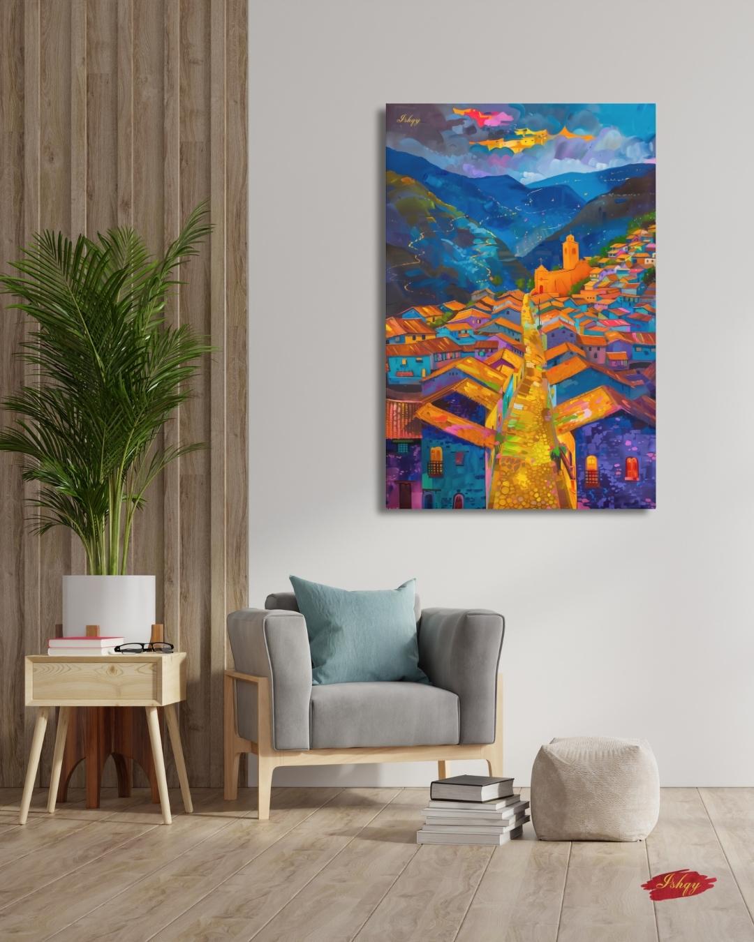 Cuzco Peru Wall Art Print, Vibrant Cityscape Canvas Painting, Colorful Andean Home Decor, Framed Wall Art, Gift for Her or Living Room. Cuzco at Twilight Peruvian cityscape art print with warm tones & mountain charm. Canvas & framed canv