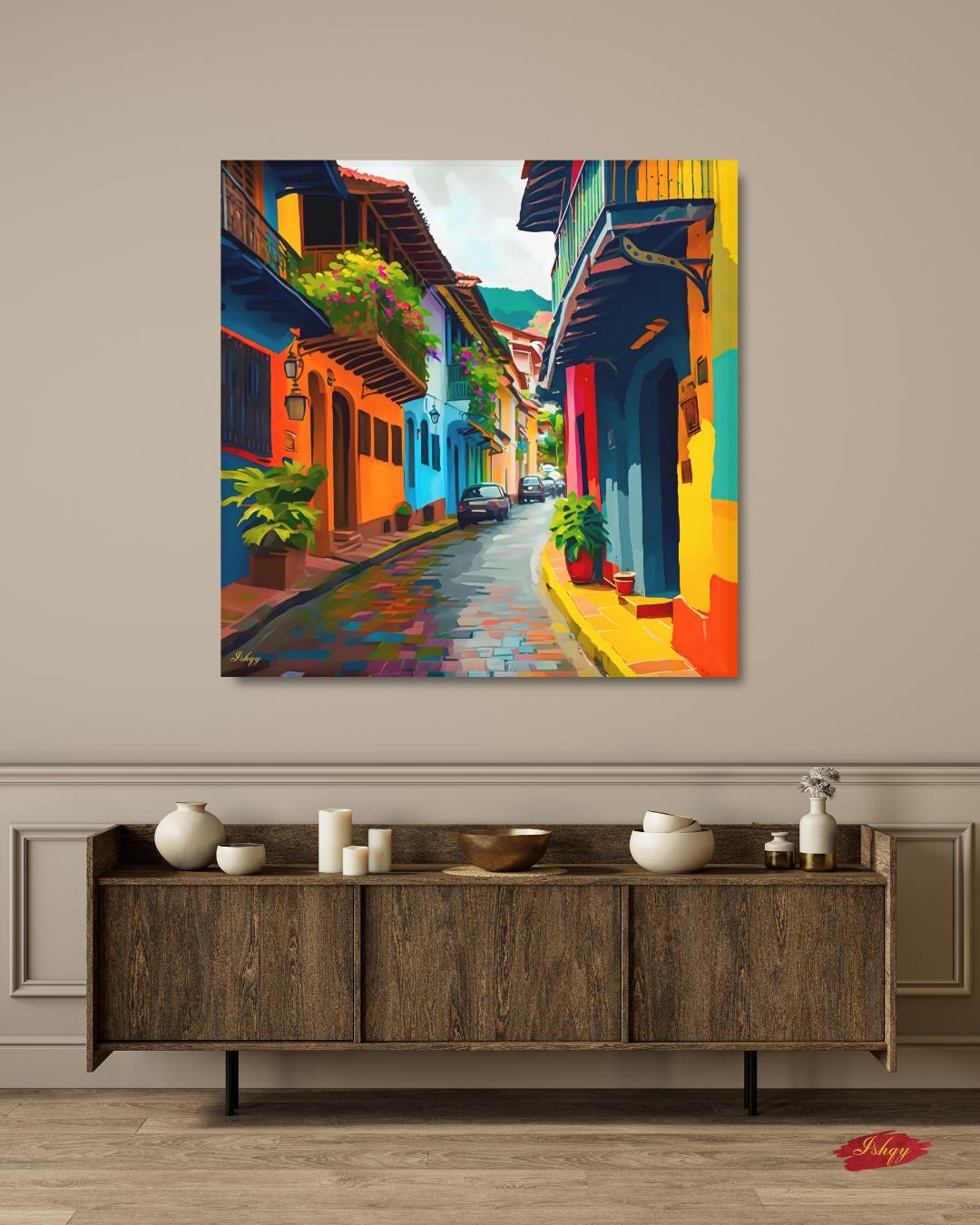 Old Town Cartagena Wall Art, Colorful Street Canvas Print, Colombia Travel Home Decor, Framed Canvas, Colonial City Wall Decor. Ciudad Amurallada Cartagena Old Town art print with colorful streets & historic charm. Canvas & framed canvas pain