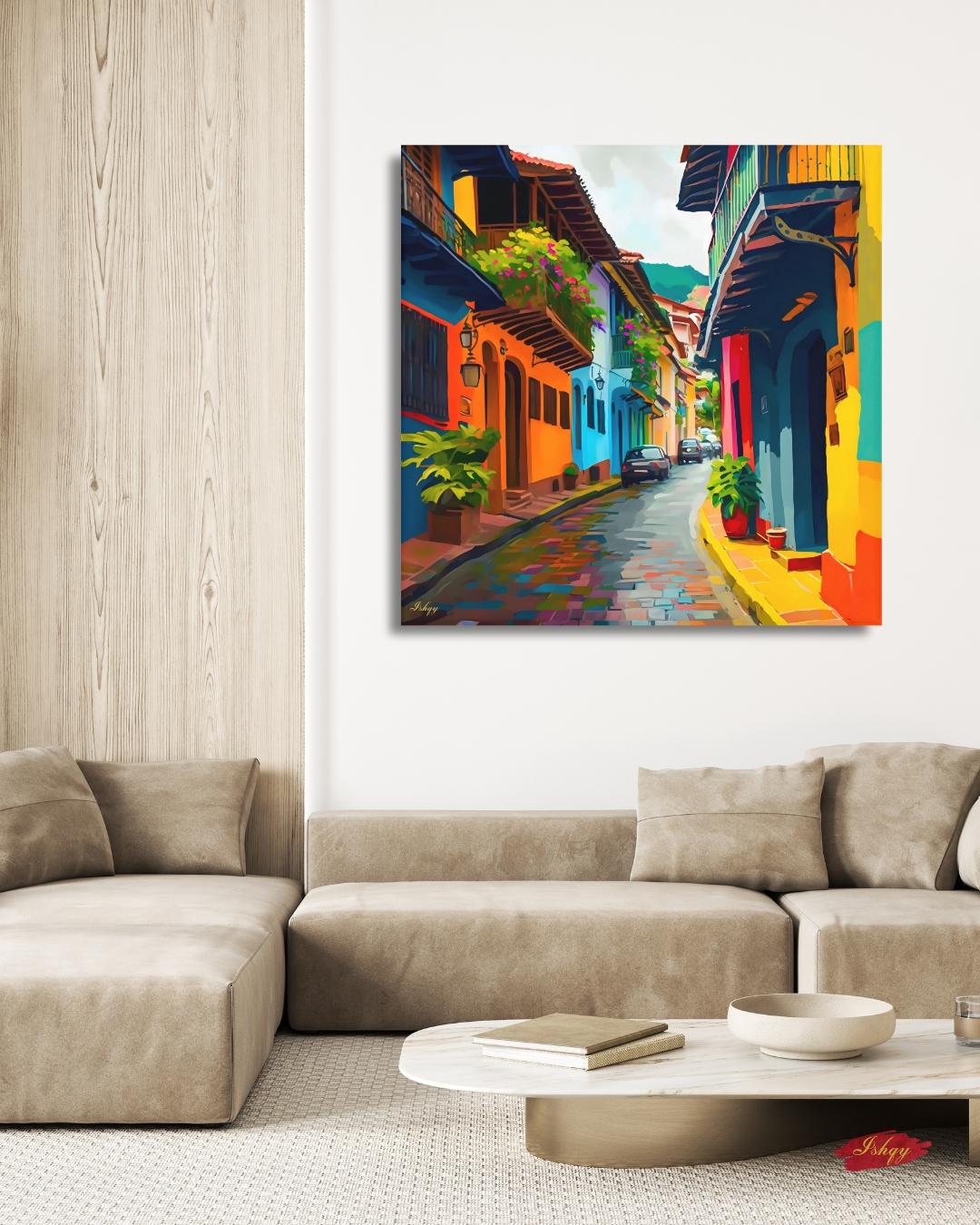 Old Town Cartagena Wall Art, Colorful Street Canvas Print, Colombia Travel Home Decor, Framed Canvas, Colonial City Wall Decor. Ciudad Amurallada Cartagena Old Town art print with colorful streets & historic charm. Canvas & framed canvas pain