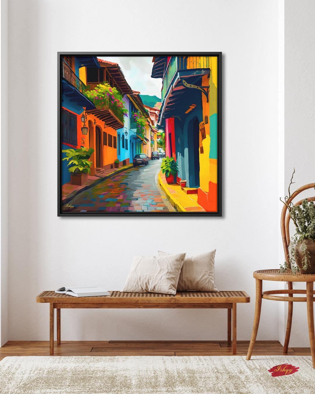 Old Town Cartagena Wall Art, Colorful Street Canvas Print, Colombia Travel Home Decor, Framed Canvas, Colonial City Wall Decor. Ciudad Amurallada Cartagena Old Town art print with colorful streets & historic charm. Canvas & framed canvas pain