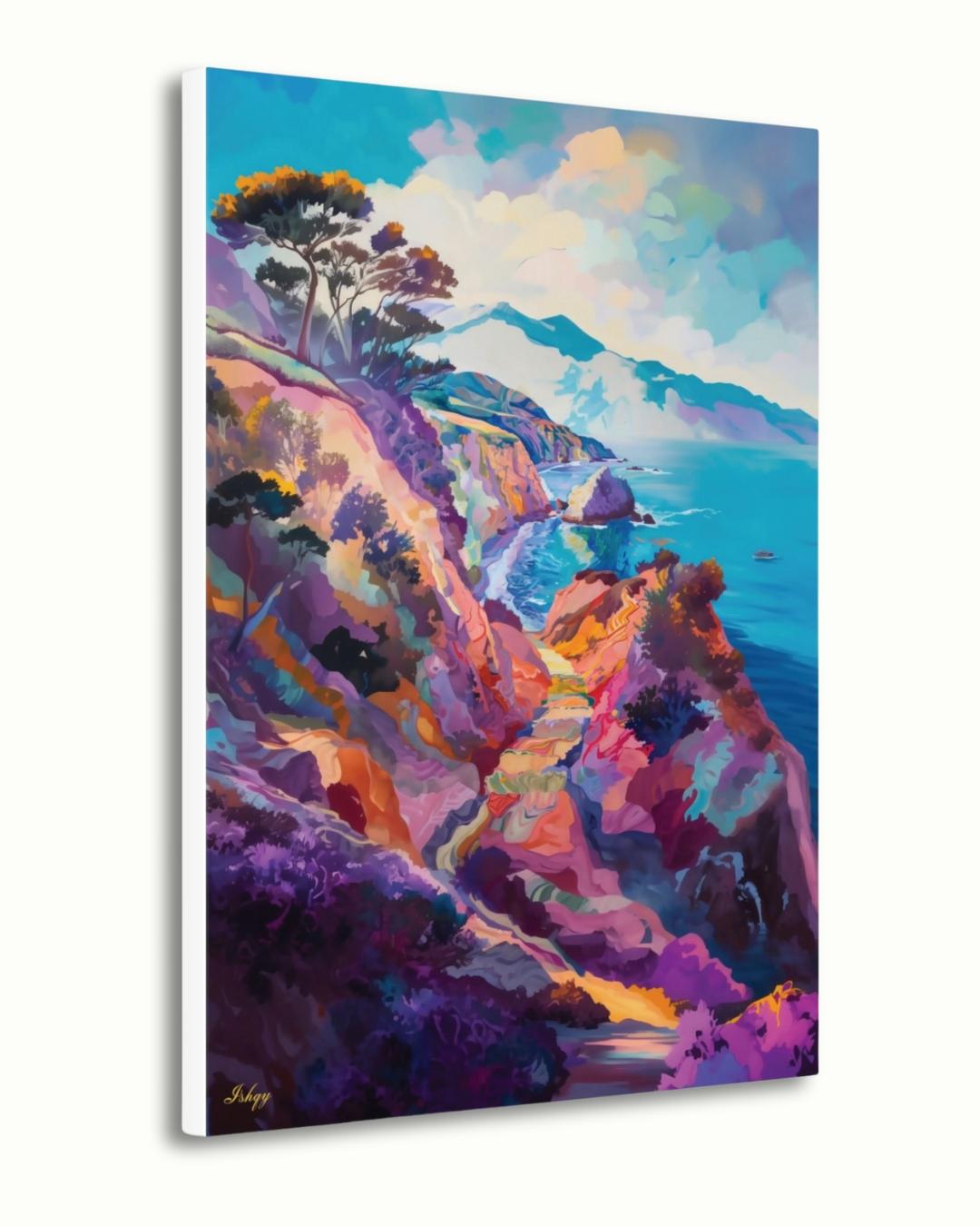 California Coast Wall Art Print, Colorful Ocean Cliff Canvas, Coastal Home Decor, Seaside Framed Wall Art, Beach House Gift Idea. Pacific Song California coast art print with vivid cliffs & turquoise sea. Canvas & framed canvas painting print