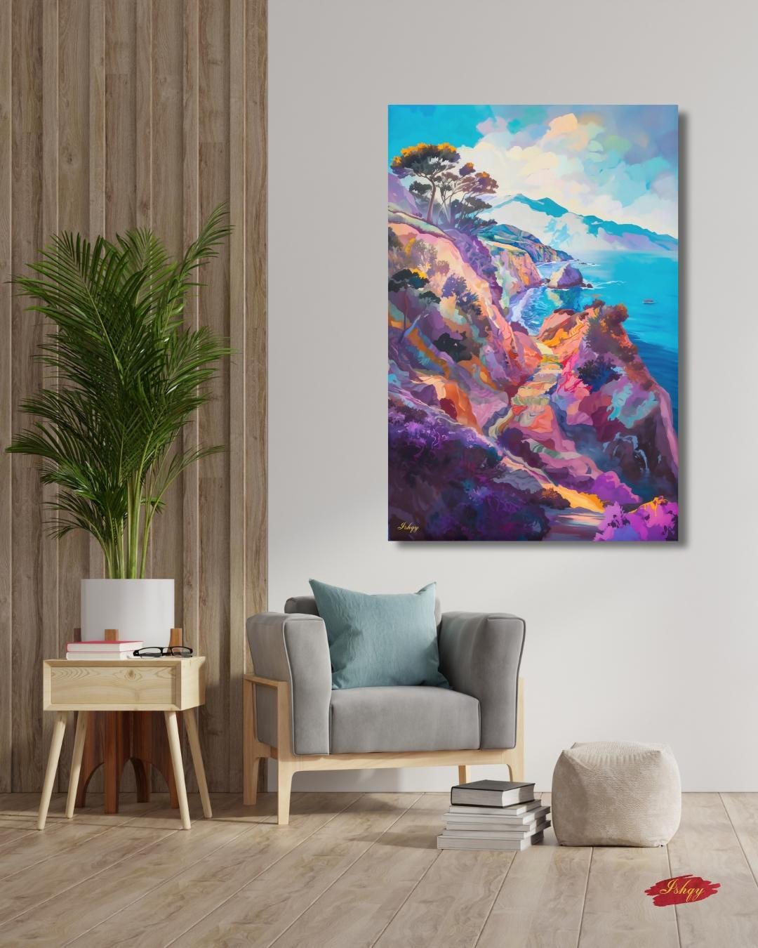 California Coast Wall Art Print, Colorful Ocean Cliff Canvas, Coastal Home Decor, Seaside Framed Wall Art, Beach House Gift Idea. Pacific Song California coast art print with vivid cliffs & turquoise sea. Canvas & framed canvas painting print