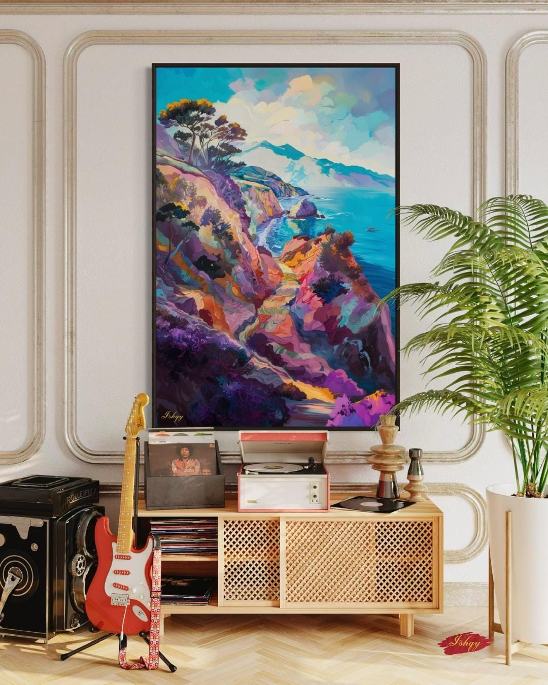 California Coast Wall Art Print, Colorful Ocean Cliff Canvas, Coastal Home Decor, Seaside Framed Wall Art, Beach House Gift Idea. Pacific Song California coast art print with vivid cliffs & turquoise sea. Canvas & framed canvas painting print