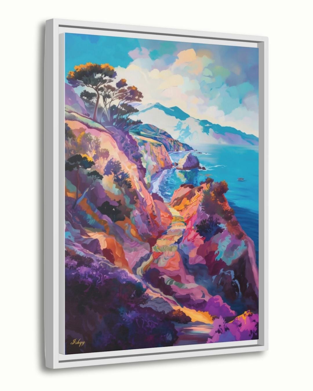 California Coast Wall Art Print, Colorful Ocean Cliff Canvas, Coastal Home Decor, Seaside Framed Wall Art, Beach House Gift Idea. Pacific Song California coast art print with vivid cliffs & turquoise sea. Canvas & framed canvas painting print