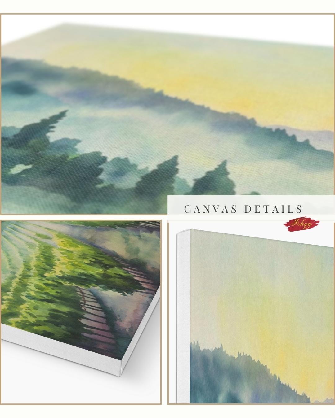 Napa Valley Vineyard Sunrise Painting Print – California Wine Country Landscape Wall Art for Kitchen, Dining Room, or Home Decor. Sunrise Vineyard landscape art print with golden light & misty vines. Canvas & framed canvas painting print for kitchen,