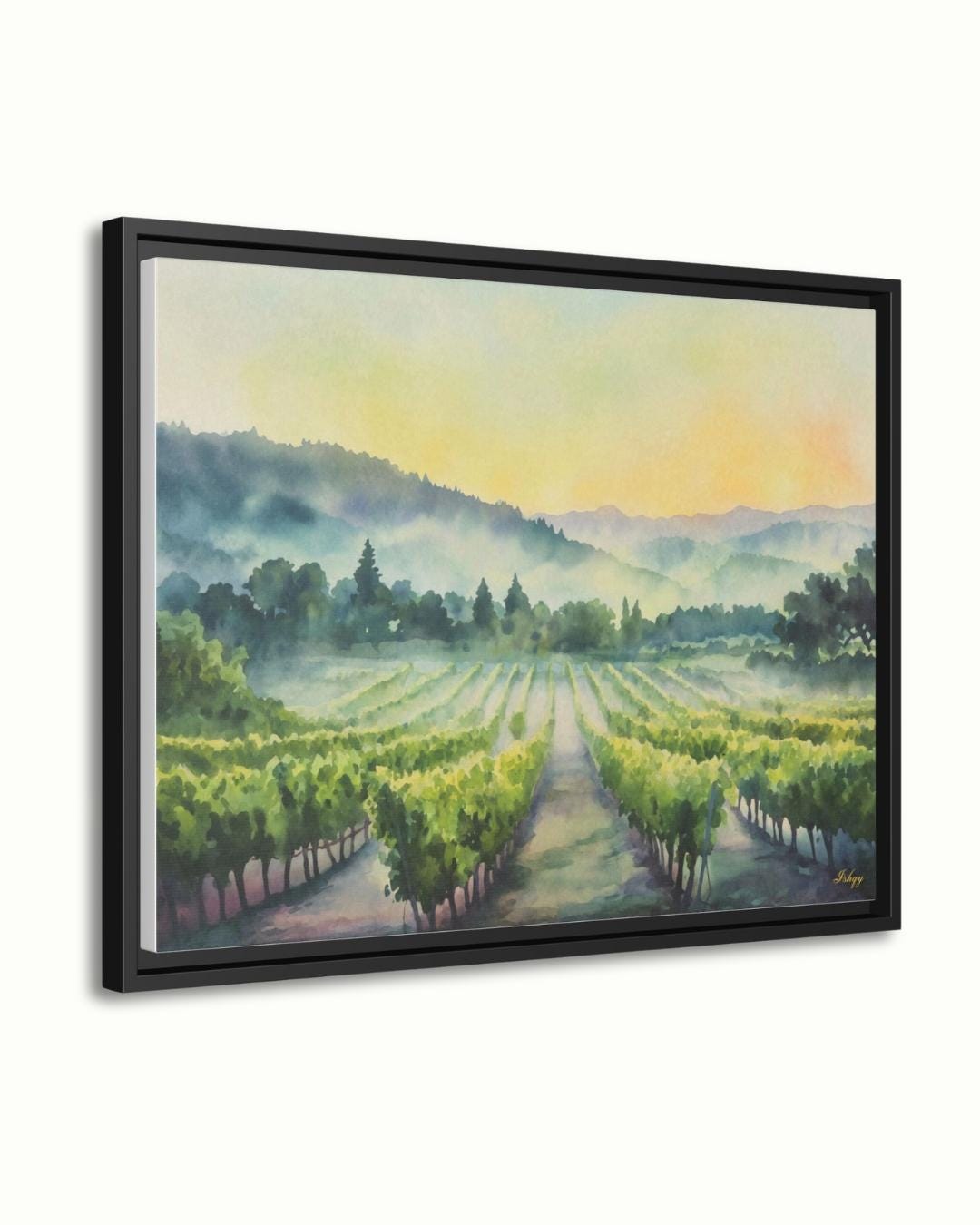 Napa Valley Vineyard Sunrise Painting Print – California Wine Country Landscape Wall Art for Kitchen, Dining Room, or Home Decor. Sunrise Vineyard landscape art print with golden light & misty vines. Canvas & framed canvas painting print for kitchen,