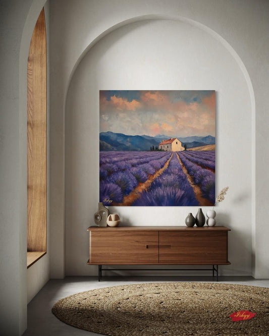 Lavender Fields Provence Wall Art, French Countryside Canvas Print, Purple Landscape Home Decor, Framed Canvas Farmhouse Painting.  Champs de Lavande French lavender fields art print with serene blooms & farmhouse. Canvas & framed canvas pain