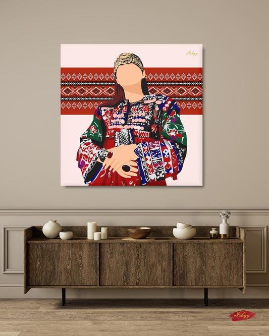 Noor-e-Afghan | Afghan Woman Cultural Wall Art Canvas Print | IshqyBusiness. Noor-e-Afghan Afghan woman art print with bold embroidery & traditional details. Canvas & framed canvas painting print for living room or hallway decor.