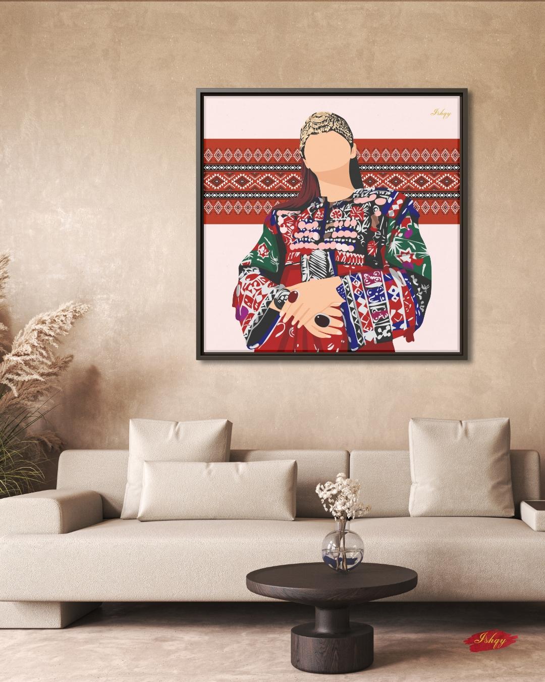 Noor-e-Afghan | Afghan Woman Cultural Wall Art Canvas Print | IshqyBusiness. Noor-e-Afghan Afghan woman art print with bold embroidery & traditional details. Canvas & framed canvas painting print for living room or hallway decor.