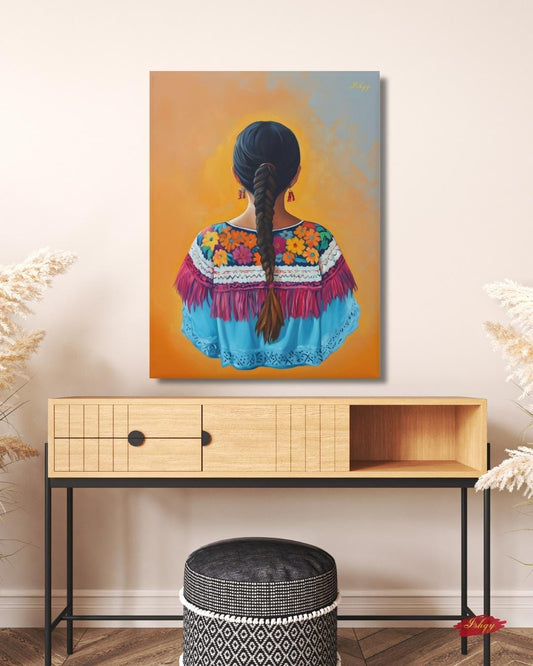 Flor de Oaxaca | Mexican Woman Wall Art Print on Canvas | IshqyBusiness. Celebrate the beauty of Oaxacan womanhood with this vibrant wall art print. Bold flowers, embroidery & braid silhouette on canvas or framed canvas.