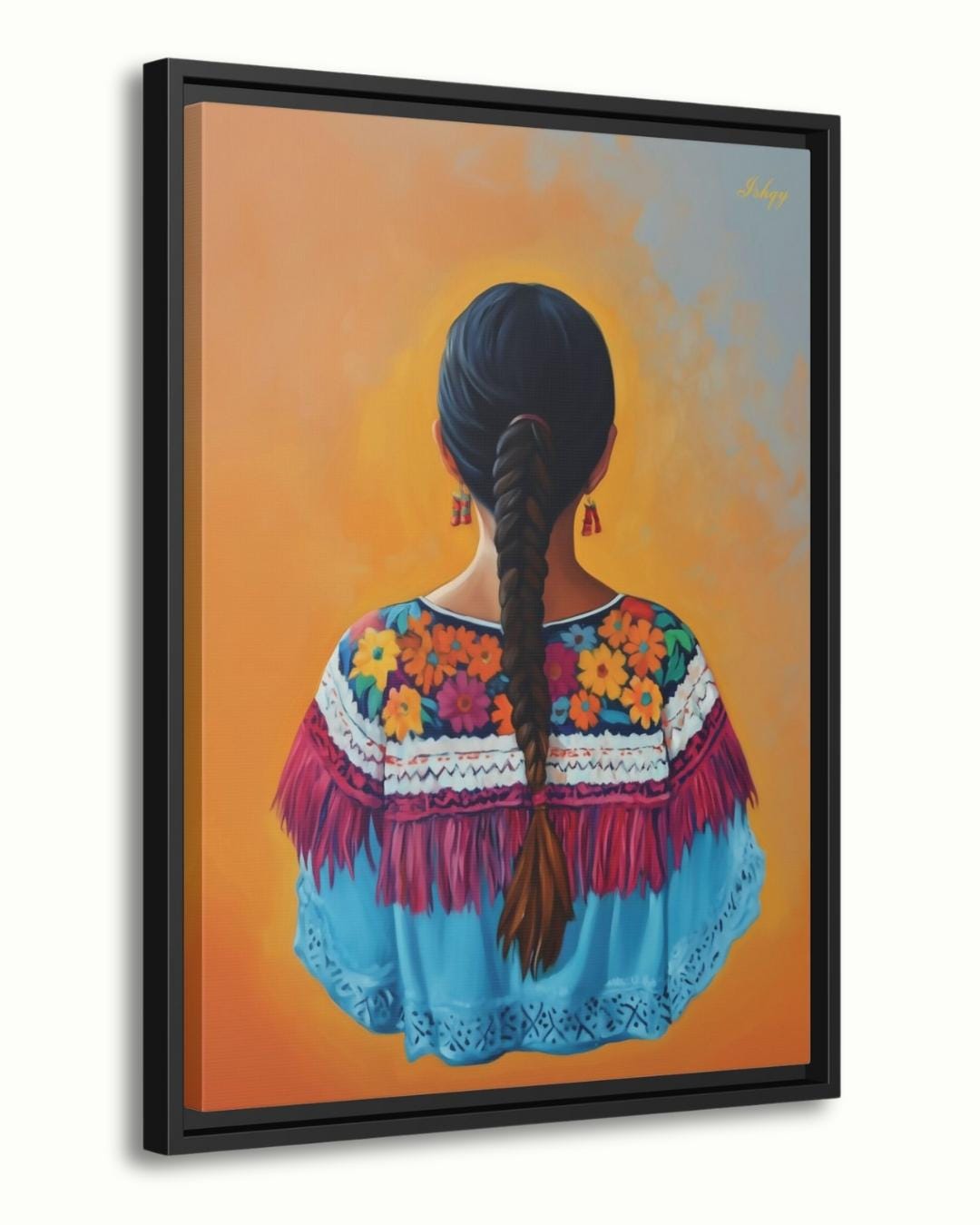 Flor de Oaxaca | Mexican Woman Wall Art Print on Canvas | IshqyBusiness. Celebrate the beauty of Oaxacan womanhood with this vibrant wall art print. Bold flowers, embroidery & braid silhouette on canvas or framed canvas.