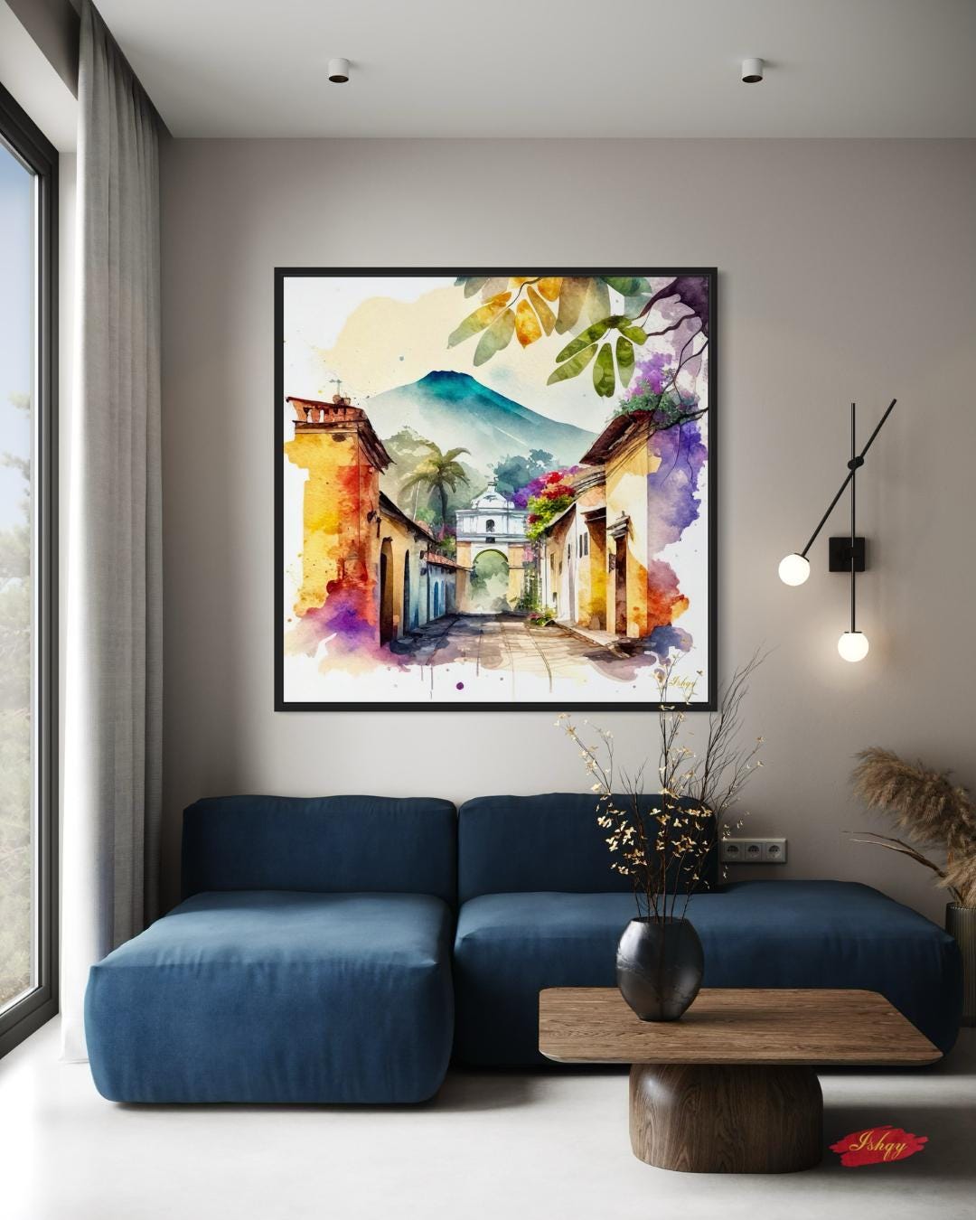 Antigua Guatemala Wall Art Square Canvas Print, Colonial Street Painting Print, Watercolor Cityscape Wall Decor, Framed Travel Art for Home