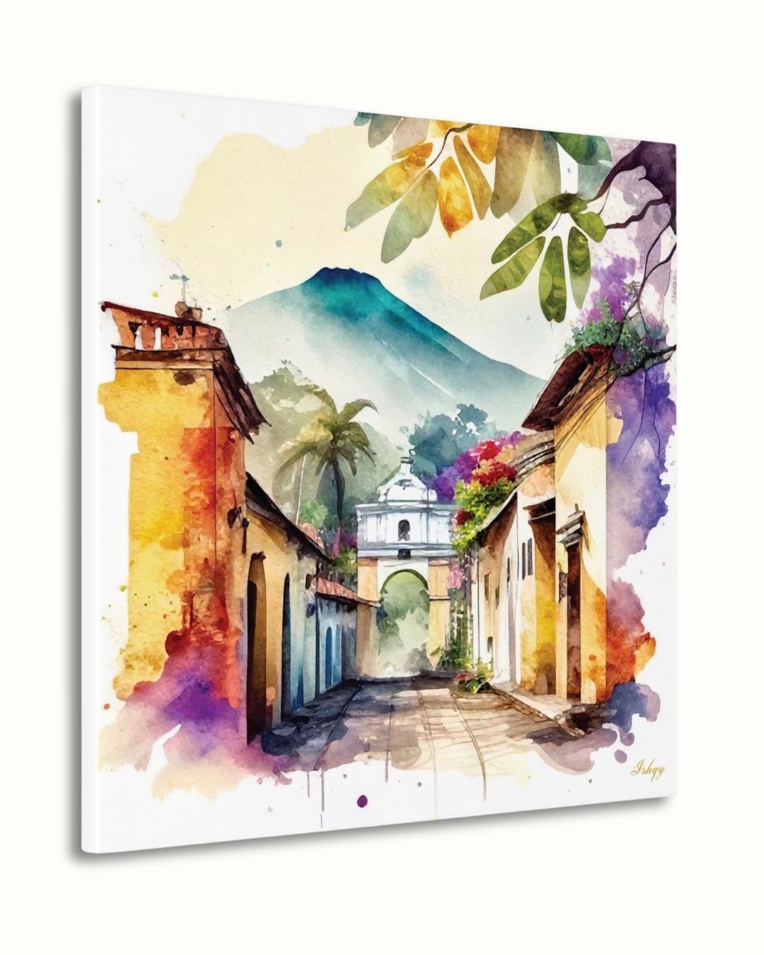 Antigua Guatemala Wall Art Square Canvas Print, Colonial Street Painting Print, Watercolor Cityscape Wall Decor, Framed Travel Art for Home