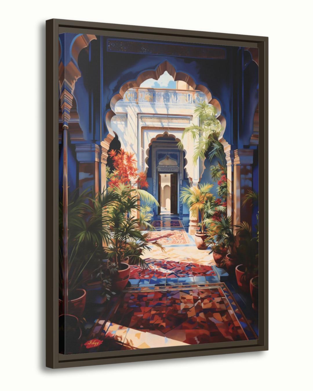 Indian Palace Courtyard Wall Art Canvas, Blue Archway Painting Print, Framed Exotic Garden Wall Decor, Vibrant Architecture Home Art
Bring the elegance of an Indian palace courtyard into your home with this vivid canvas print. Featuring a sunlit archway, lush plants, and colorful tiles, it adds cultural charm and vibrancy to any space. Perfect for living rooms, entryways, or offices seeking exotic elegance.