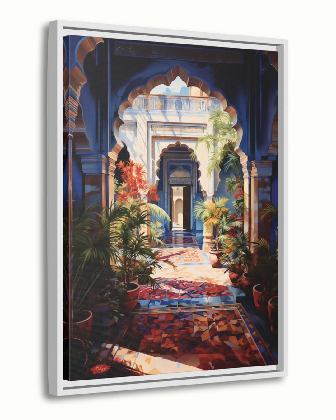 Indian Palace Courtyard Wall Art Canvas, Blue Archway Painting Print, Framed Exotic Garden Wall Decor, Vibrant Architecture Home Art
Bring the elegance of an Indian palace courtyard into your home with this vivid canvas print. Featuring a sunlit archway, lush plants, and colorful tiles, it adds cultural charm and vibrancy to any space. Perfect for living rooms, entryways, or offices seeking exotic elegance.