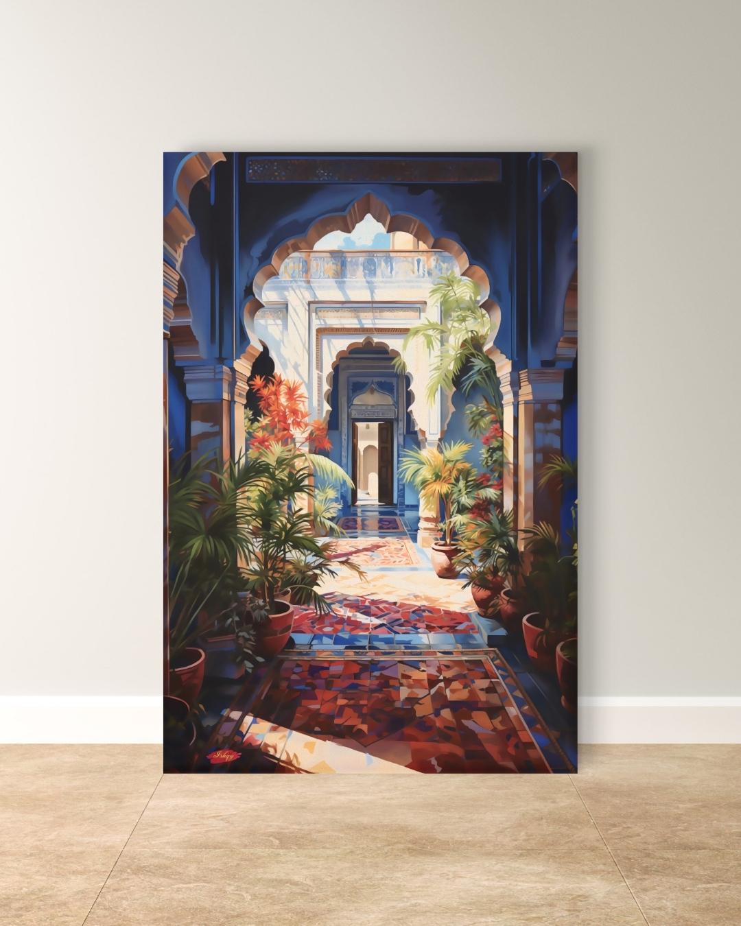 Indian Palace Courtyard Wall Art Canvas, Blue Archway Painting Print, Framed Exotic Garden Wall Decor, Vibrant Architecture Home Art
Bring the elegance of an Indian palace courtyard into your home with this vivid canvas print. Featuring a sunlit archway, lush plants, and colorful tiles, it adds cultural charm and vibrancy to any space. Perfect for living rooms, entryways, or offices seeking exotic elegance.
