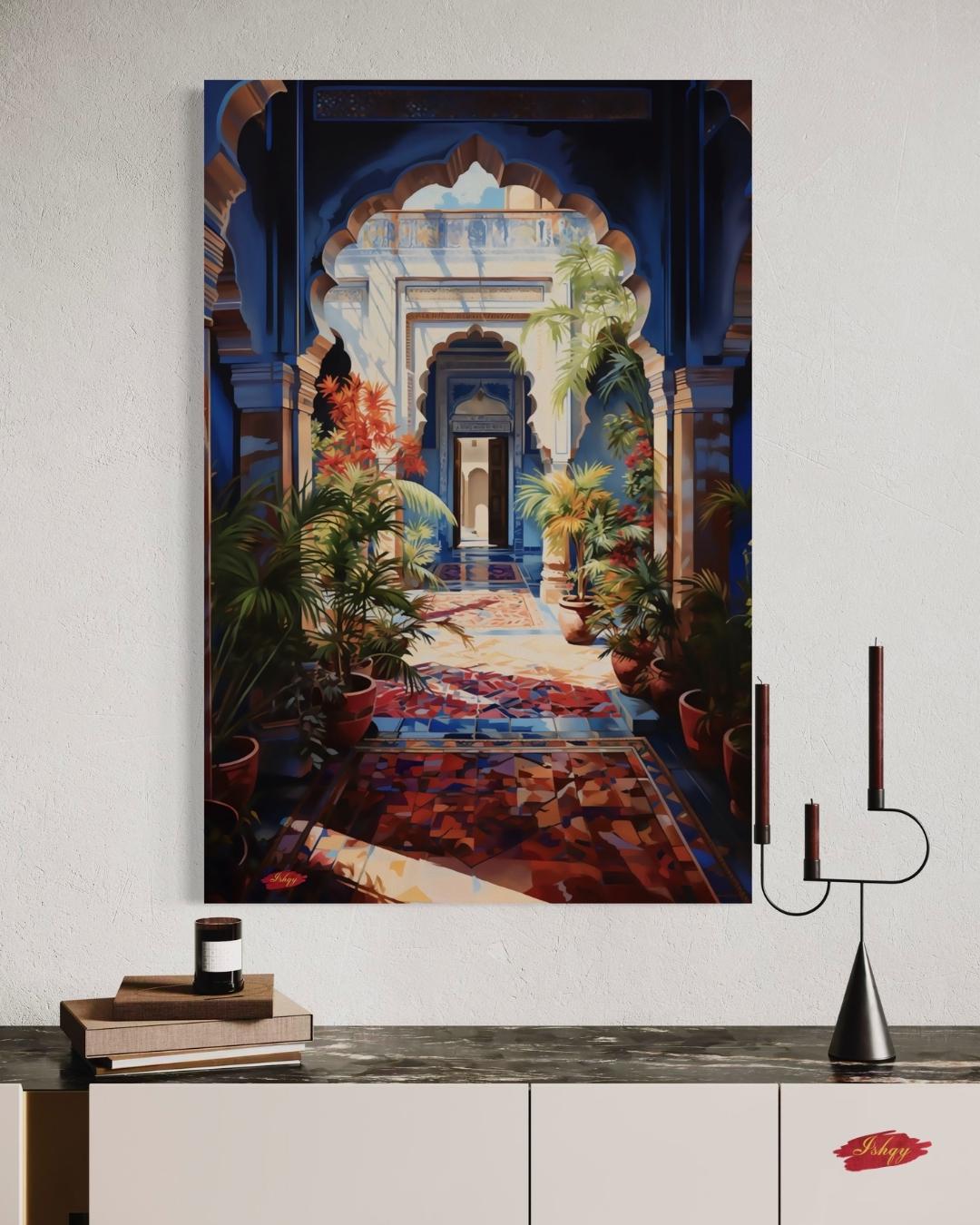 Indian Palace Courtyard Wall Art Canvas, Blue Archway Painting Print, Framed Exotic Garden Wall Decor, Vibrant Architecture Home Art
Bring the elegance of an Indian palace courtyard into your home with this vivid canvas print. Featuring a sunlit archway, lush plants, and colorful tiles, it adds cultural charm and vibrancy to any space. Perfect for living rooms, entryways, or offices seeking exotic elegance.