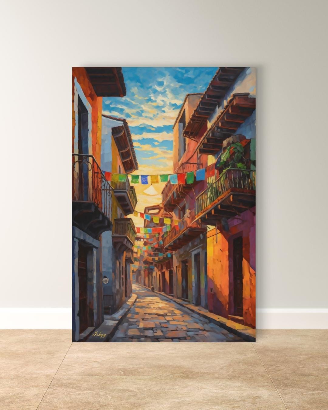 Mexican Street Canvas Wall Art, Jalisco Architecture Painting Print, Colorful Framed Canvas, Mexico Wall Decor, Gift for Her, Art Print.Bring golden Mexican streets into your space with this vibrant Jalisco wall art print, glowing with colonial charm