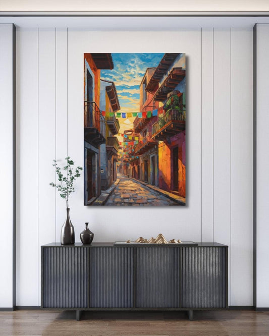 Mexican Street Canvas Wall Art, Jalisco Architecture Painting Print, Colorful Framed Canvas, Mexico Wall Decor, Gift for Her, Art Print.Bring golden Mexican streets into your space with this vibrant Jalisco wall art print, glowing with colonial charm