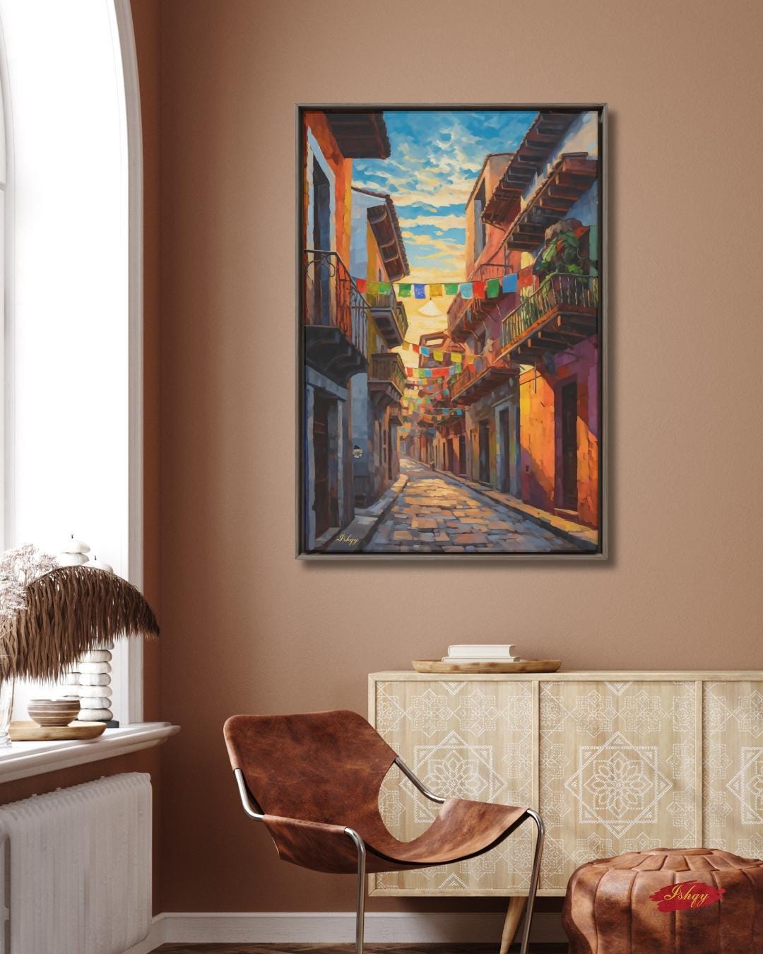Mexican Street Canvas Wall Art, Jalisco Architecture Painting Print, Colorful Framed Canvas, Mexico Wall Decor, Gift for Her, Art Print.Bring golden Mexican streets into your space with this vibrant Jalisco wall art print, glowing with colonial charm
