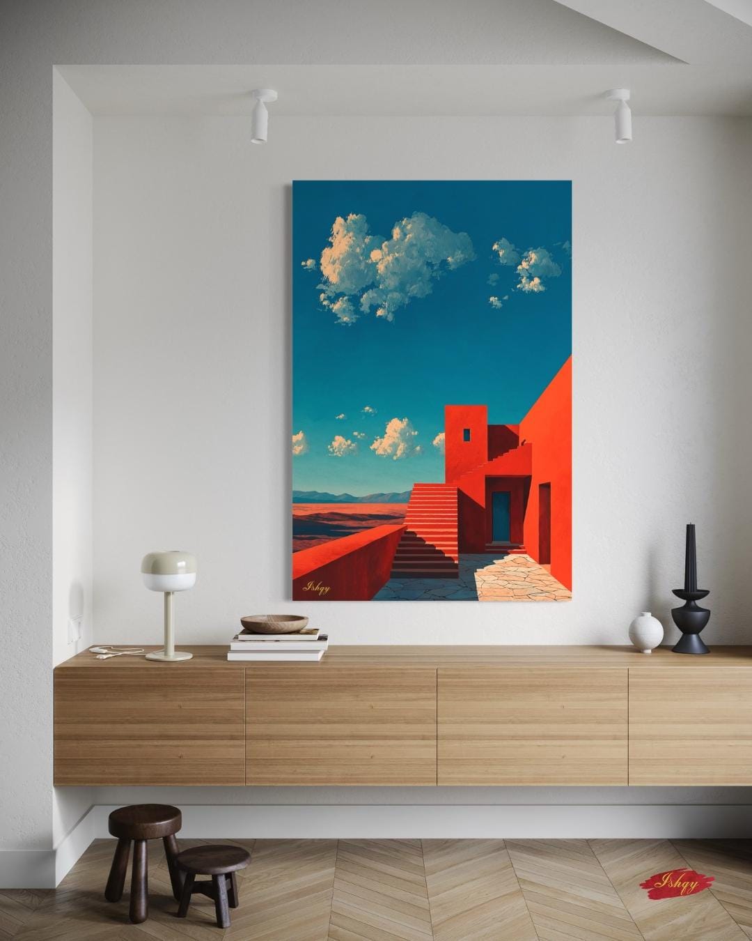 Jalisco Architecture Wall Art, Mexico Red House Canvas Print, Bold Travel Art, Framed Modern Home Decor, Cultural Painting Gift Idea. Casa del Viento | Modern Jalisco Architecture Wall Art | Canvas Print | IshqyBusiness