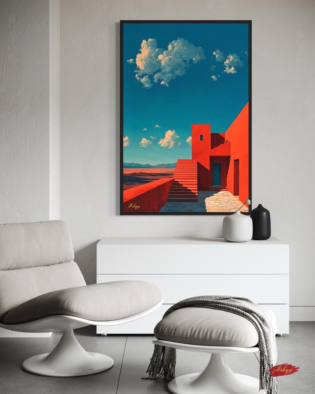 Jalisco Architecture Wall Art, Mexico Red House Canvas Print, Bold Travel Art, Framed Modern Home Decor, Cultural Painting Gift Idea. Casa del Viento | Modern Jalisco Architecture Wall Art | Canvas Print | IshqyBusiness