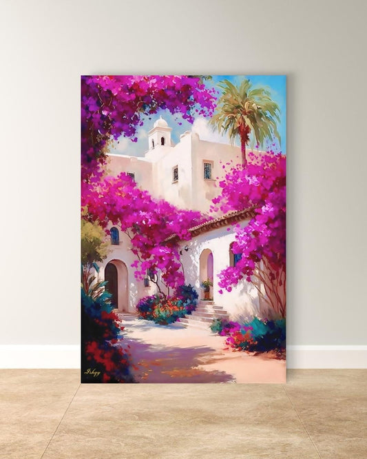 Bougainvillea Wall Art Print, Spanish Mission Canvas, Pink Floral Painting, Framed Canvas or Art Print, Vibrant Mexico Home Decor Gift. Bring warmth and color home with this Mexican courtyard wall art print. Casa Bugambilia features vibrant bougainvi