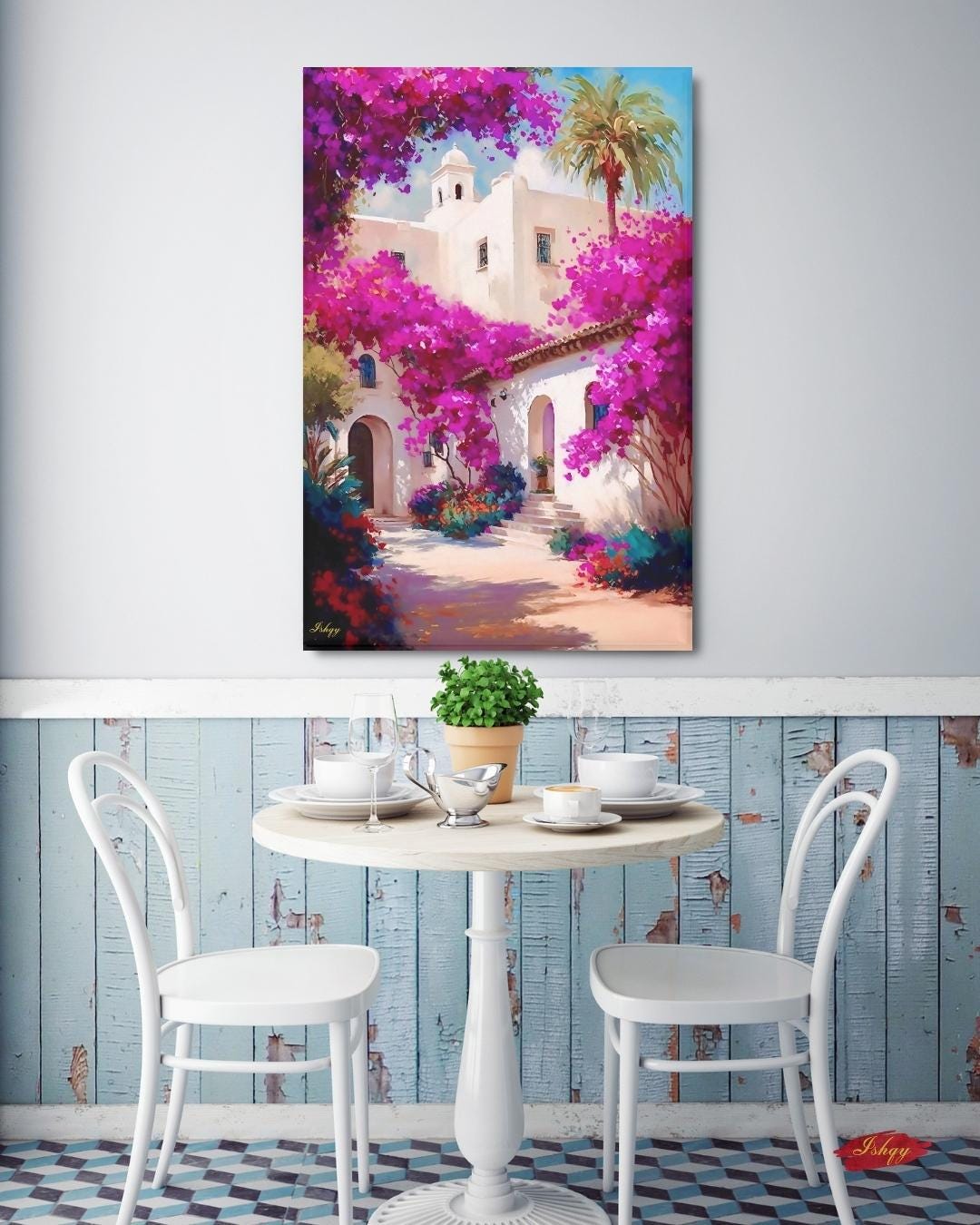 Bougainvillea Wall Art Print, Spanish Mission Canvas, Pink Floral Painting, Framed Canvas or Art Print, Vibrant Mexico Home Decor Gift. Bring warmth and color home with this Mexican courtyard wall art print. Casa Bugambilia features vibrant bougainvi