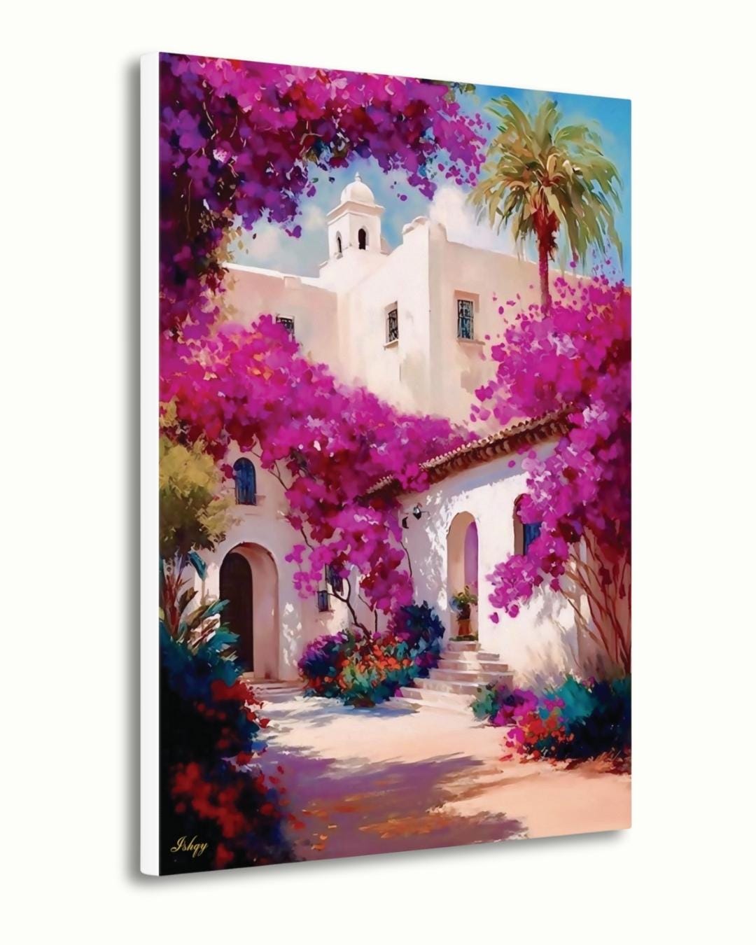 Bougainvillea Wall Art Print, Spanish Mission Canvas, Pink Floral Painting, Framed Canvas or Art Print, Vibrant Mexico Home Decor Gift. Bring warmth and color home with this Mexican courtyard wall art print. Casa Bugambilia features vibrant bougainvi