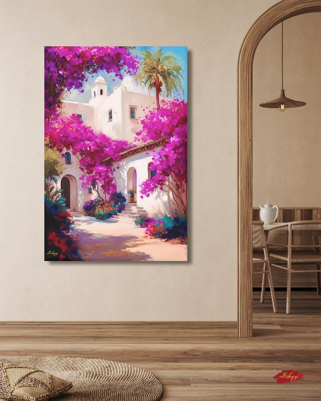 Bougainvillea Wall Art Print, Spanish Mission Canvas, Pink Floral Painting, Framed Canvas or Art Print, Vibrant Mexico Home Decor Gift. Bring warmth and color home with this Mexican courtyard wall art print. Casa Bugambilia features vibrant bougainvi
