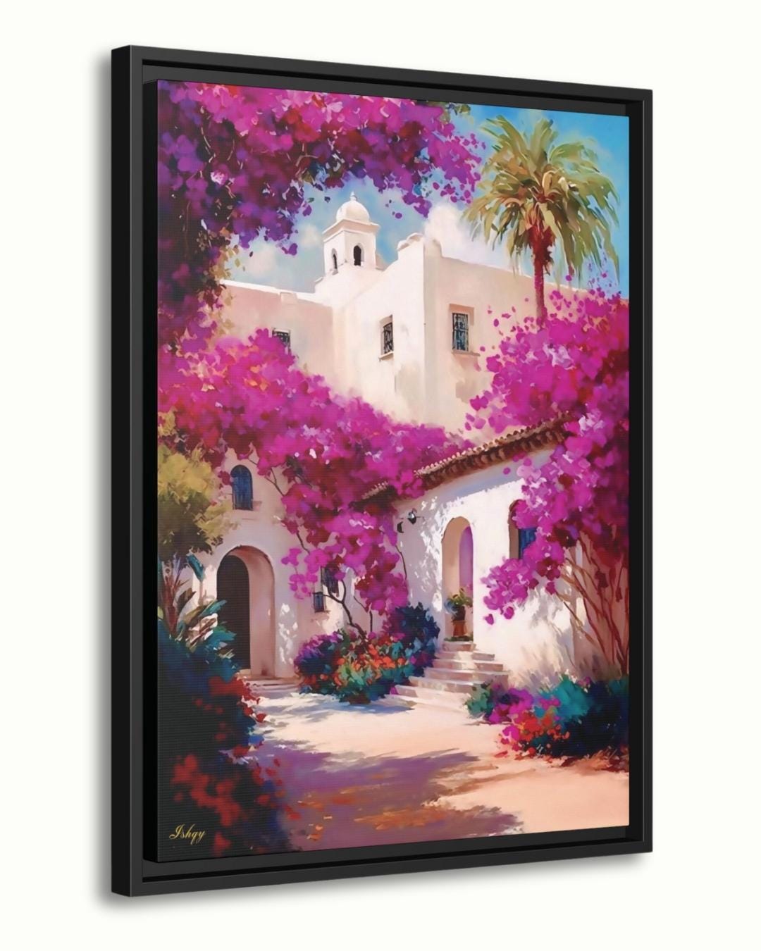Bougainvillea Wall Art Print, Spanish Mission Canvas, Pink Floral Painting, Framed Canvas or Art Print, Vibrant Mexico Home Decor Gift. Bring warmth and color home with this Mexican courtyard wall art print. Casa Bugambilia features vibrant bougainvi