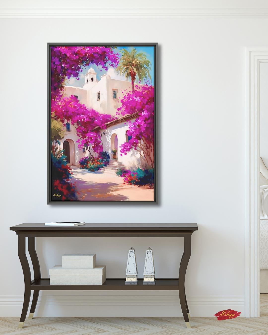 Bougainvillea Wall Art Print, Spanish Mission Canvas, Pink Floral Painting, Framed Canvas or Art Print, Vibrant Mexico Home Decor Gift. Bring warmth and color home with this Mexican courtyard wall art print. Casa Bugambilia features vibrant bougainvi