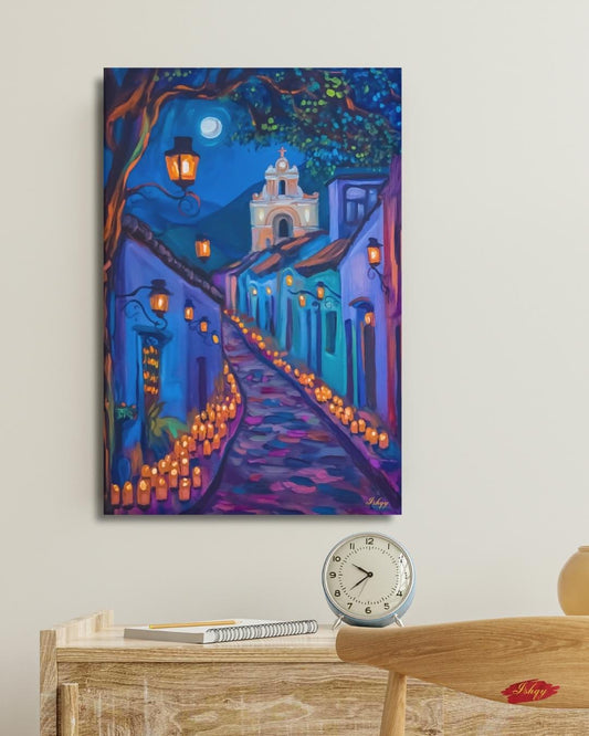 Día de los Muertos Wall Art, Mexican Alley Candle Painting, Framed Canvas or Art Print, Day of the Dead Decor, Latin Culture Home Gift. Celebrate the spirit of Día de los Muertos with this glowing candlelit Mexican street scene. Luz de los Muert