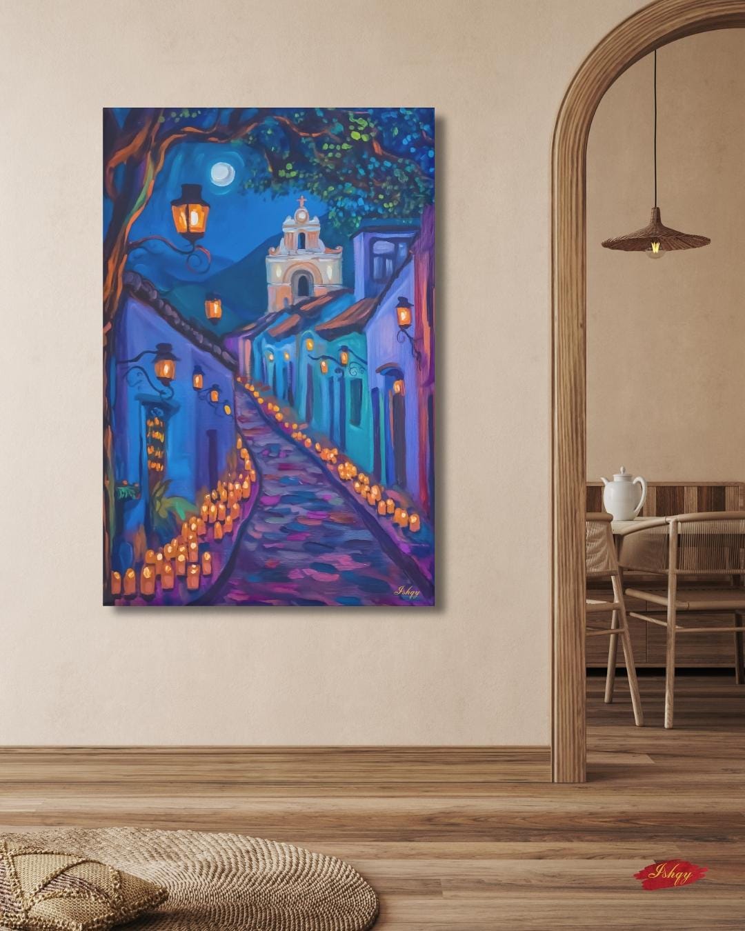 Día de los Muertos Wall Art, Mexican Alley Candle Painting, Framed Canvas or Art Print, Day of the Dead Decor, Latin Culture Home Gift. Celebrate the spirit of Día de los Muertos with this glowing candlelit Mexican street scene. Luz de los Muert