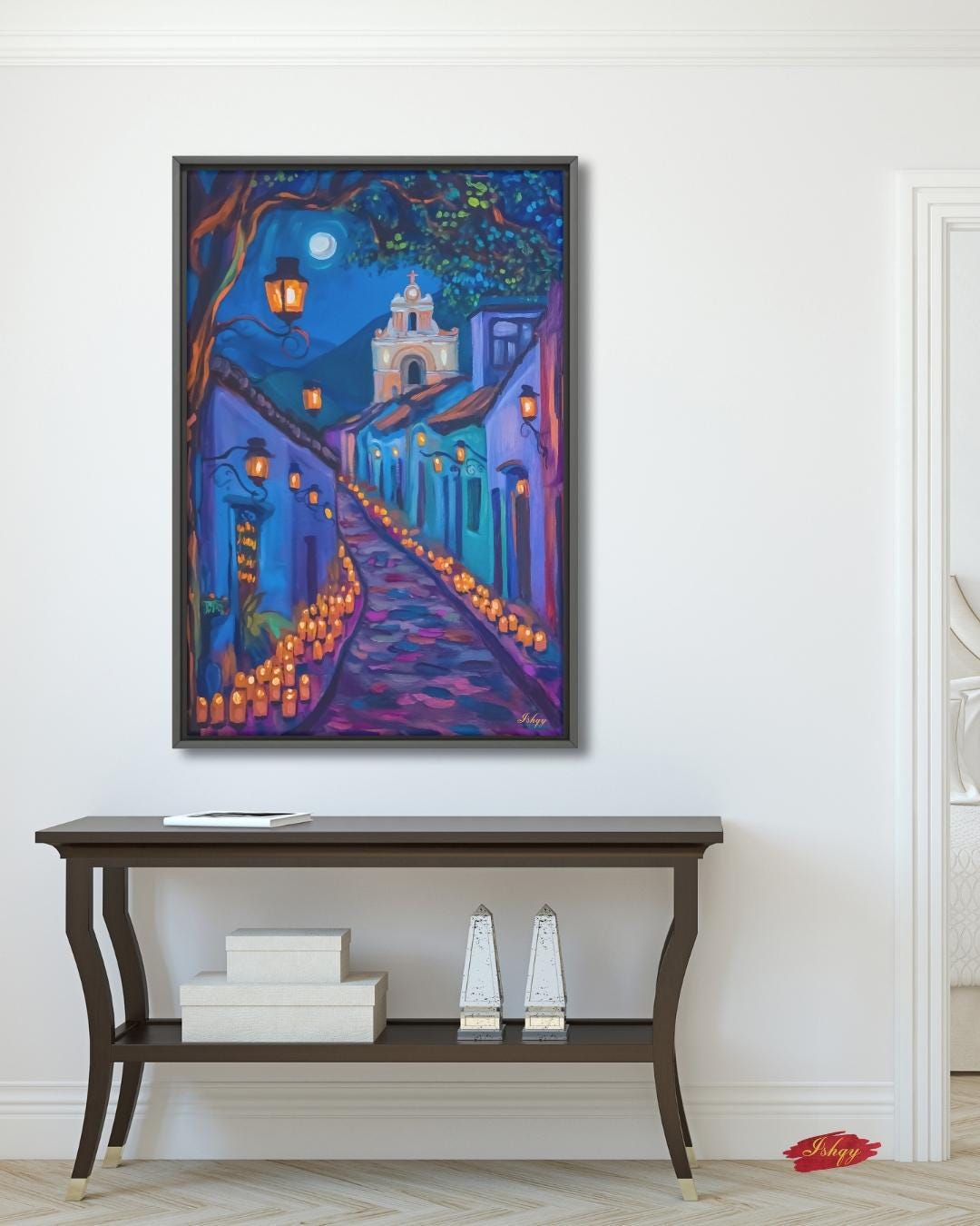 Día de los Muertos Wall Art, Mexican Alley Candle Painting, Framed Canvas or Art Print, Day of the Dead Decor, Latin Culture Home Gift. Celebrate the spirit of Día de los Muertos with this glowing candlelit Mexican street scene. Luz de los Muert