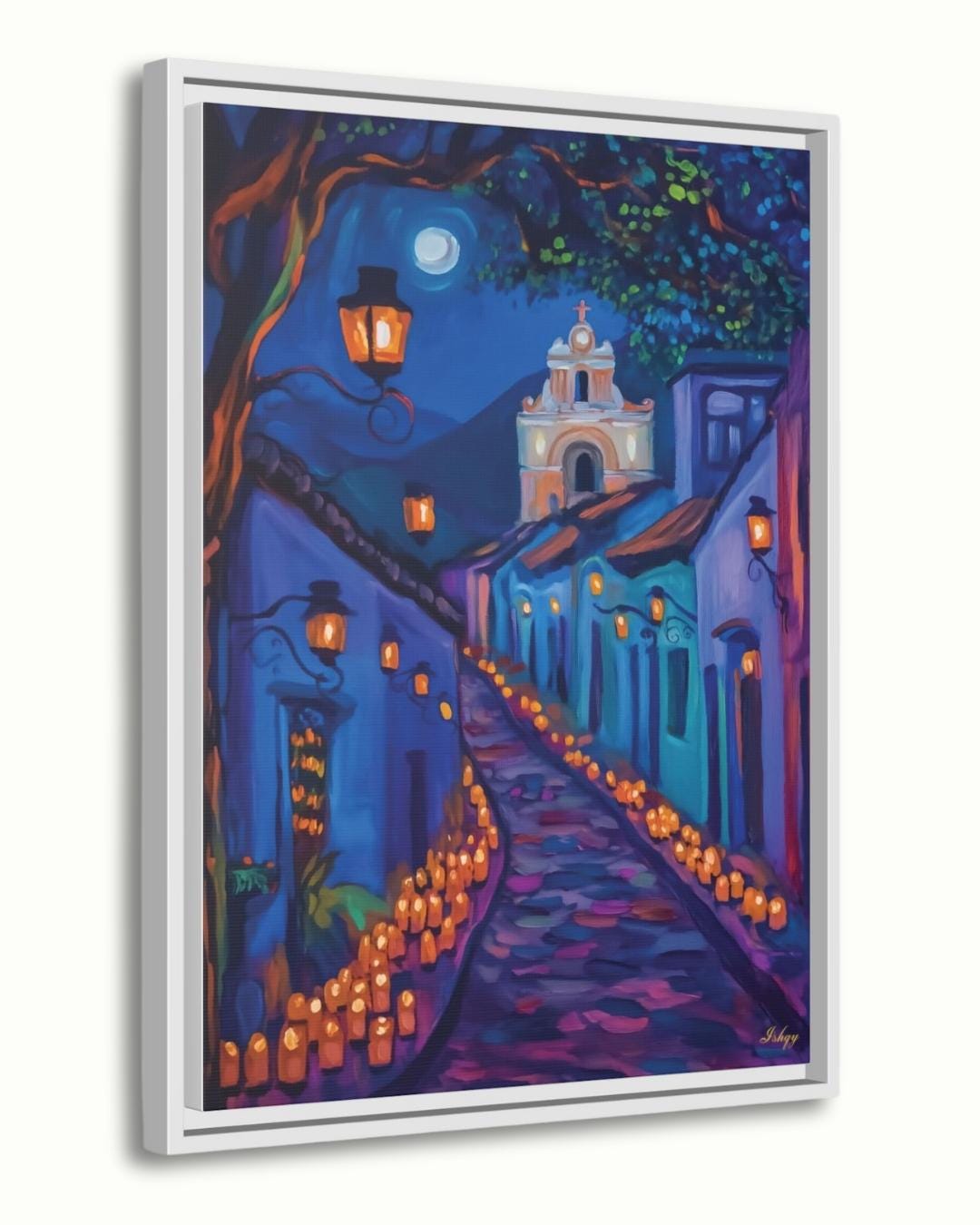 Día de los Muertos Wall Art, Mexican Alley Candle Painting, Framed Canvas or Art Print, Day of the Dead Decor, Latin Culture Home Gift. Celebrate the spirit of Día de los Muertos with this glowing candlelit Mexican street scene. Luz de los Muert