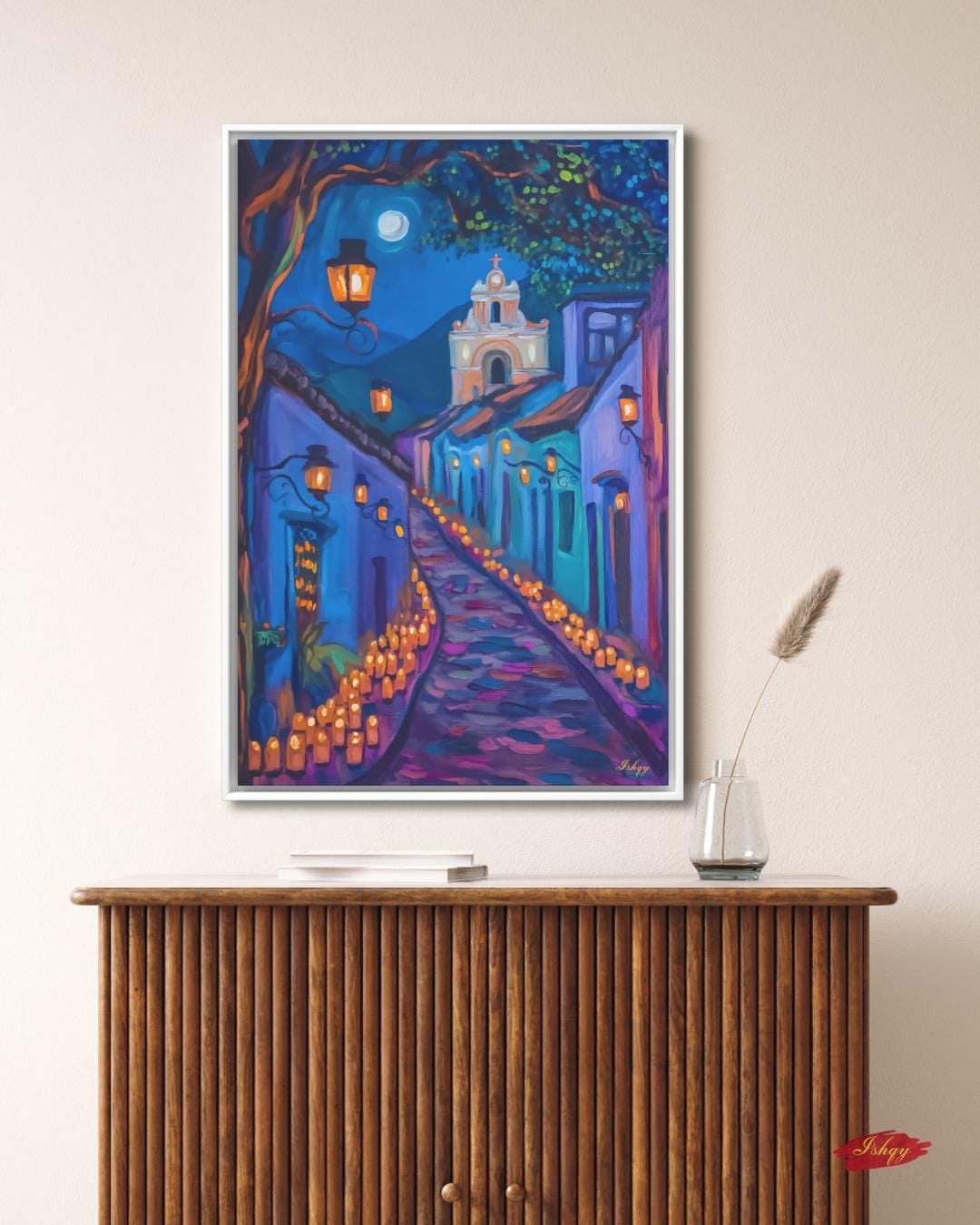 Día de los Muertos Wall Art, Mexican Alley Candle Painting, Framed Canvas or Art Print, Day of the Dead Decor, Latin Culture Home Gift. Celebrate the spirit of Día de los Muertos with this glowing candlelit Mexican street scene. Luz de los Muert
