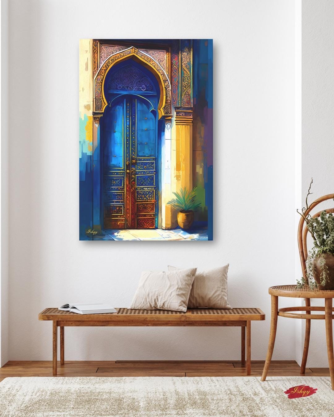 Moroccan Wall Art, Blue Door Canvas Print, Islamic Architecture Painting, Exotic Home Decor, Arabic Arch Artwork, Framed Canvas Gift. Islamic blue and gold archway art print. Canvas and framed canvas decor inspired by Middle Eastern architecture