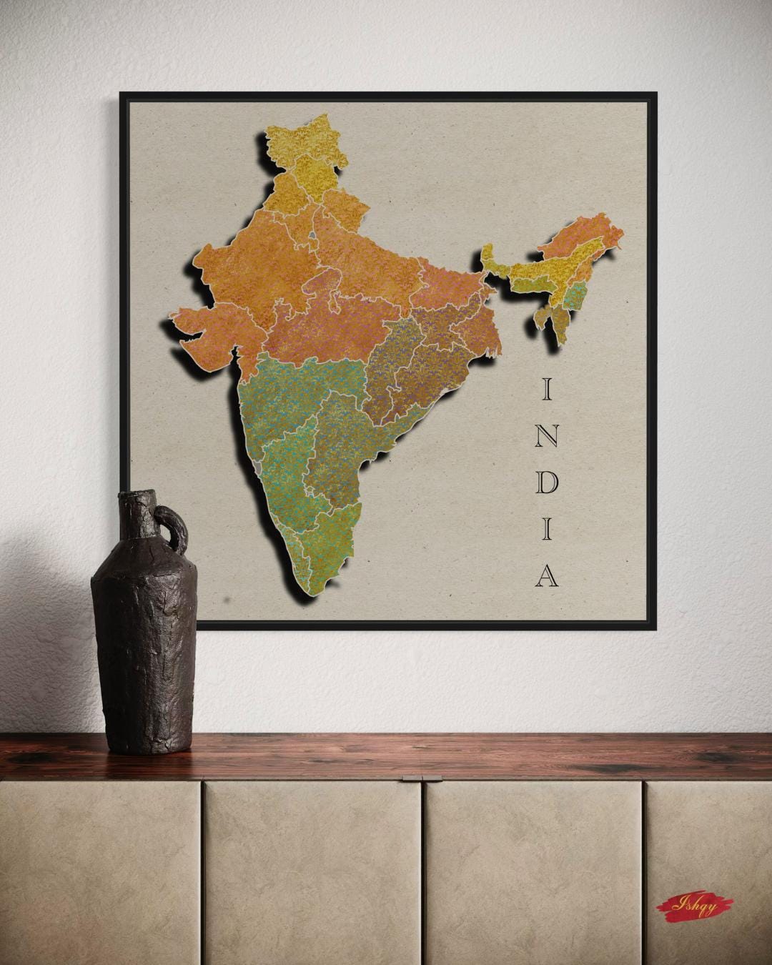 India Map Wall Art Print, Cultural Canvas Map of India, Textile Pattern Wall Decor, Framed Travel Art, Vibrant Indian Home Print
Celebrate India’s rich heritage with this vibrant map wall art print featuring intricate textile-inspired patterns. A stunning canvas that blends culture and color, perfect for living rooms, offices, or as a unique gift for travelers and art lovers. Bring the spirit of India into your home with this elegant framed print.