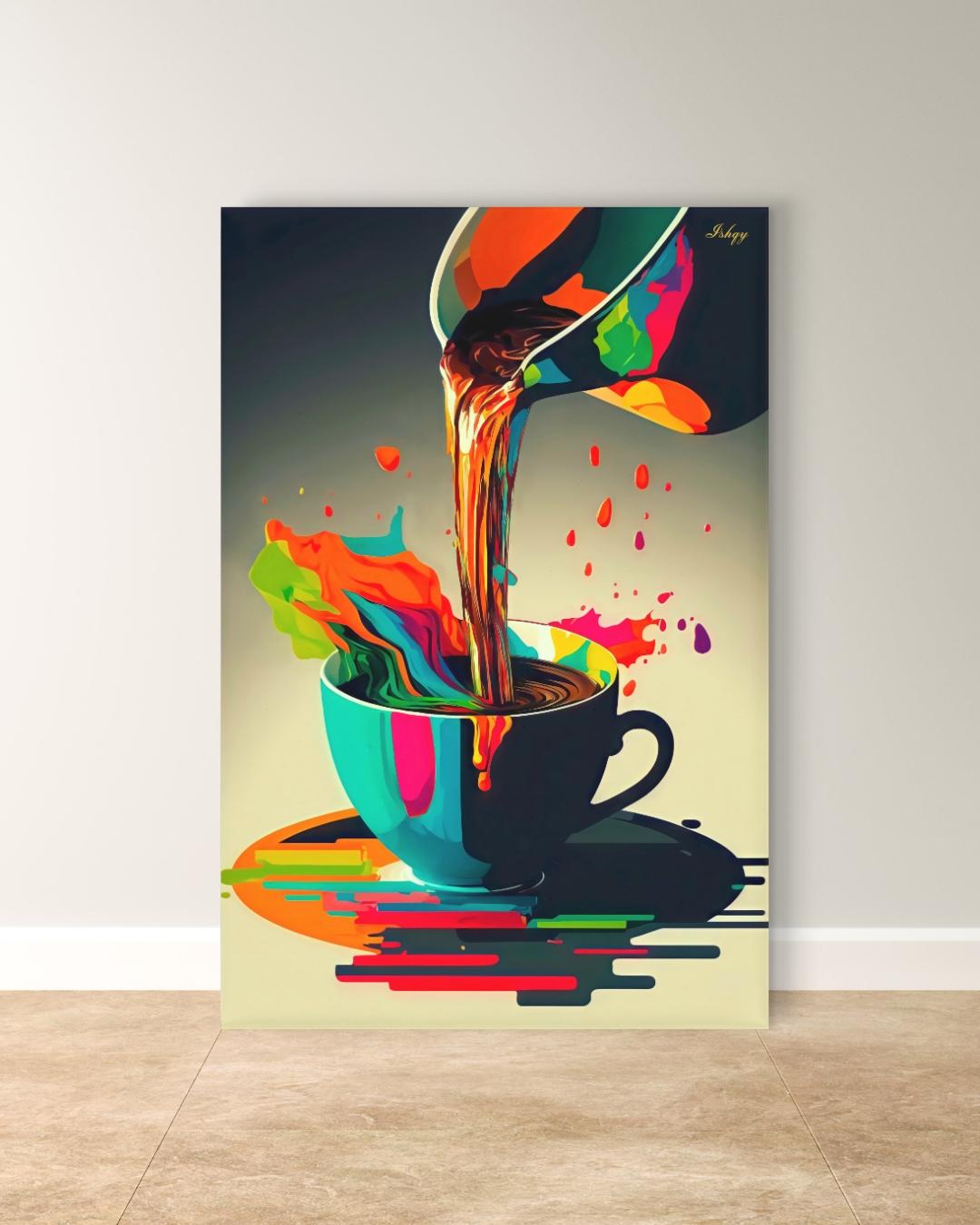 Coffee Wall Art, Colorful Coffee Cup Canvas, Modern Abstract Kitchen Art, Barista Gift, Espresso Print, Cafe Wall Decor, Framed Canvas. Bold and colorful coffee art print with abstract splash. Perfect canvas or framed canvas for kitchen or café